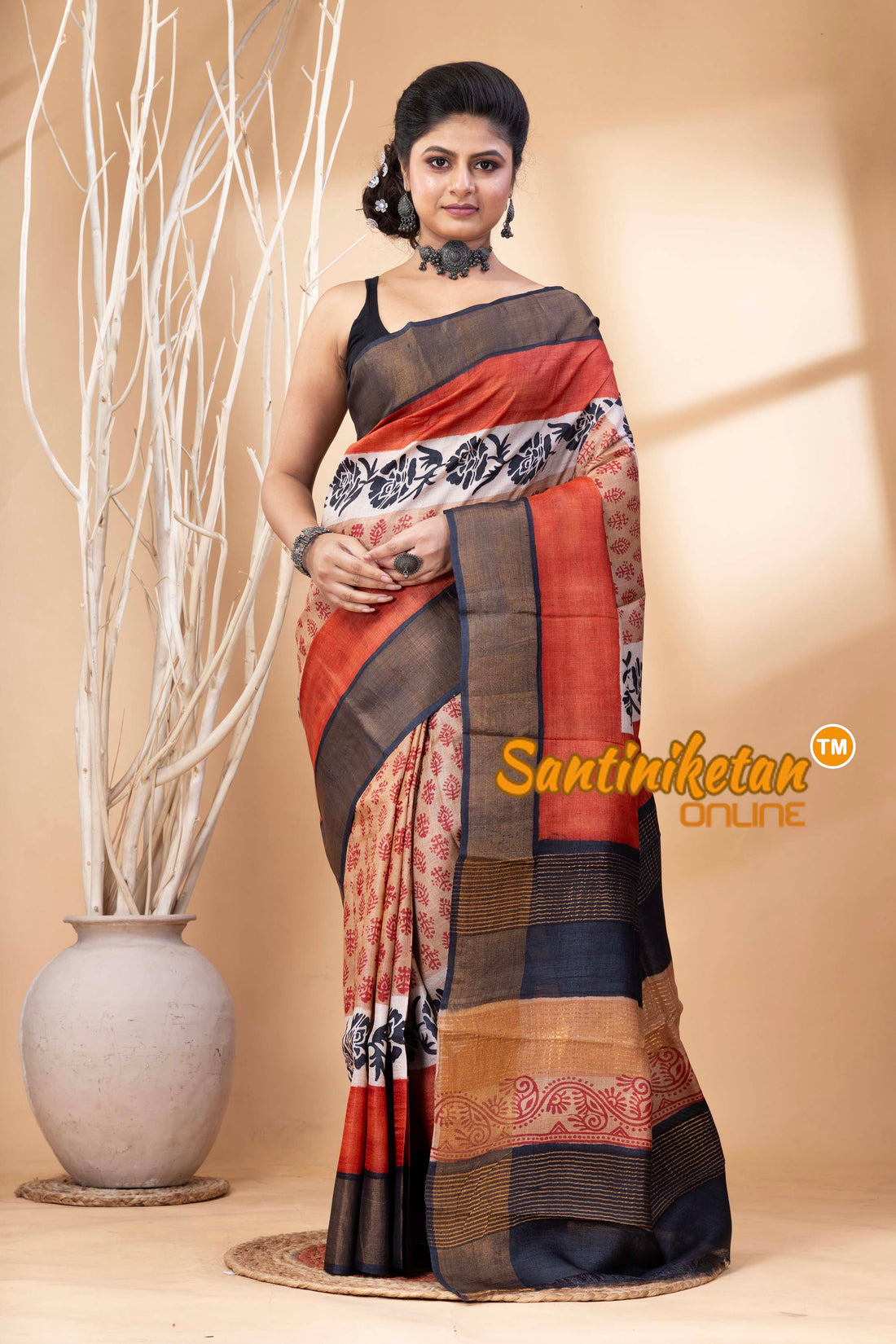 Pure Zari Tussar Hand Block Painted Saree SN202524639