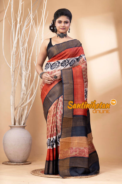 Pure Zari Tussar Hand Block Painted Saree SN202524639