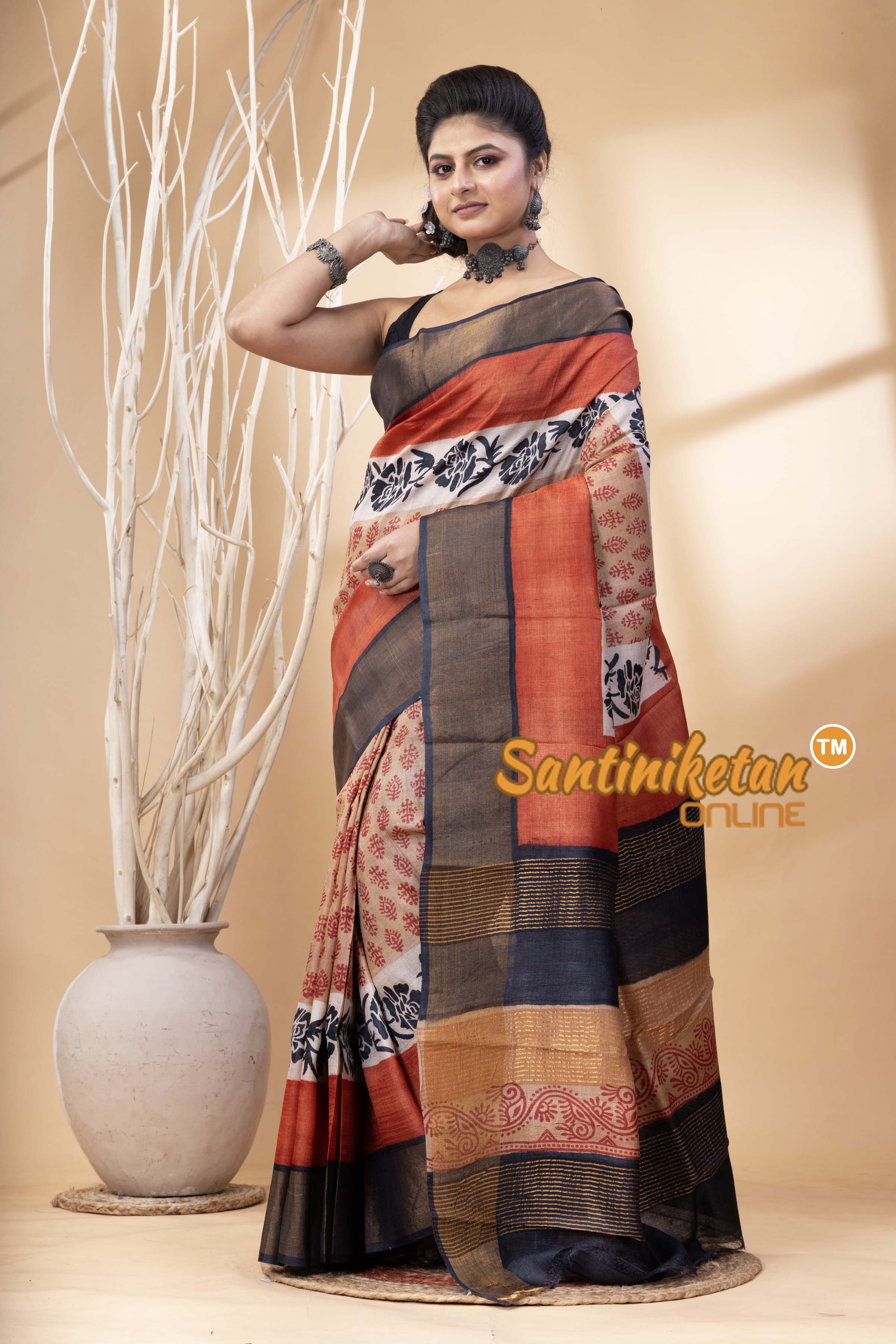 Pure Zari Tussar Hand Block Painted Saree SN202524639
