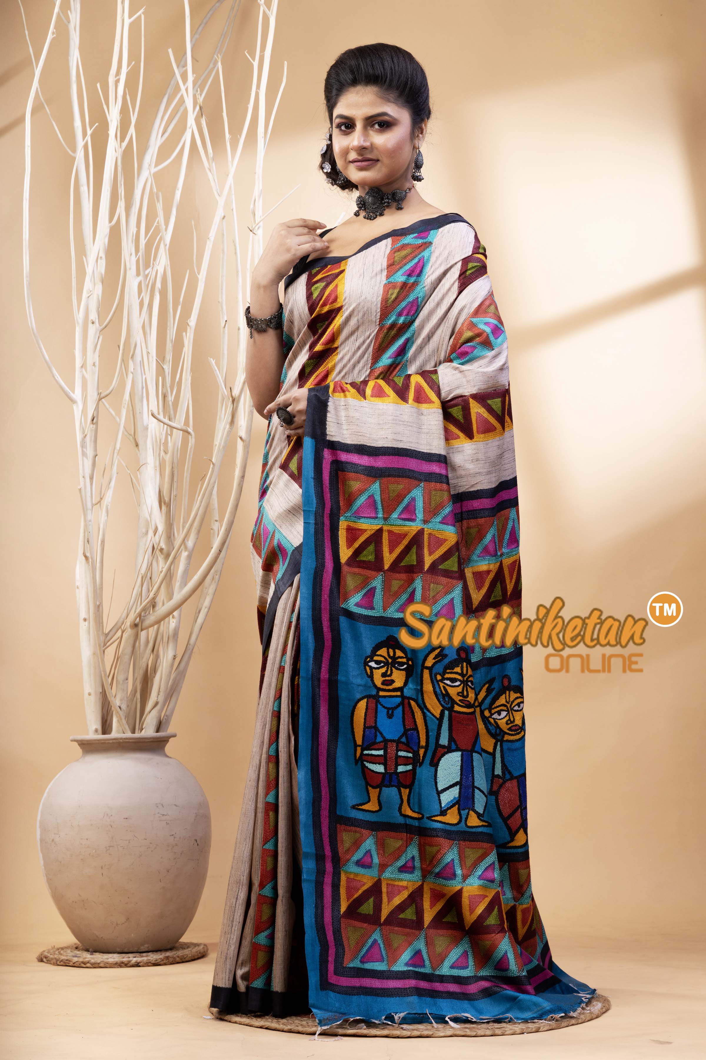 Pure Tussar Painting Kantha Stitch Saree SN202524668