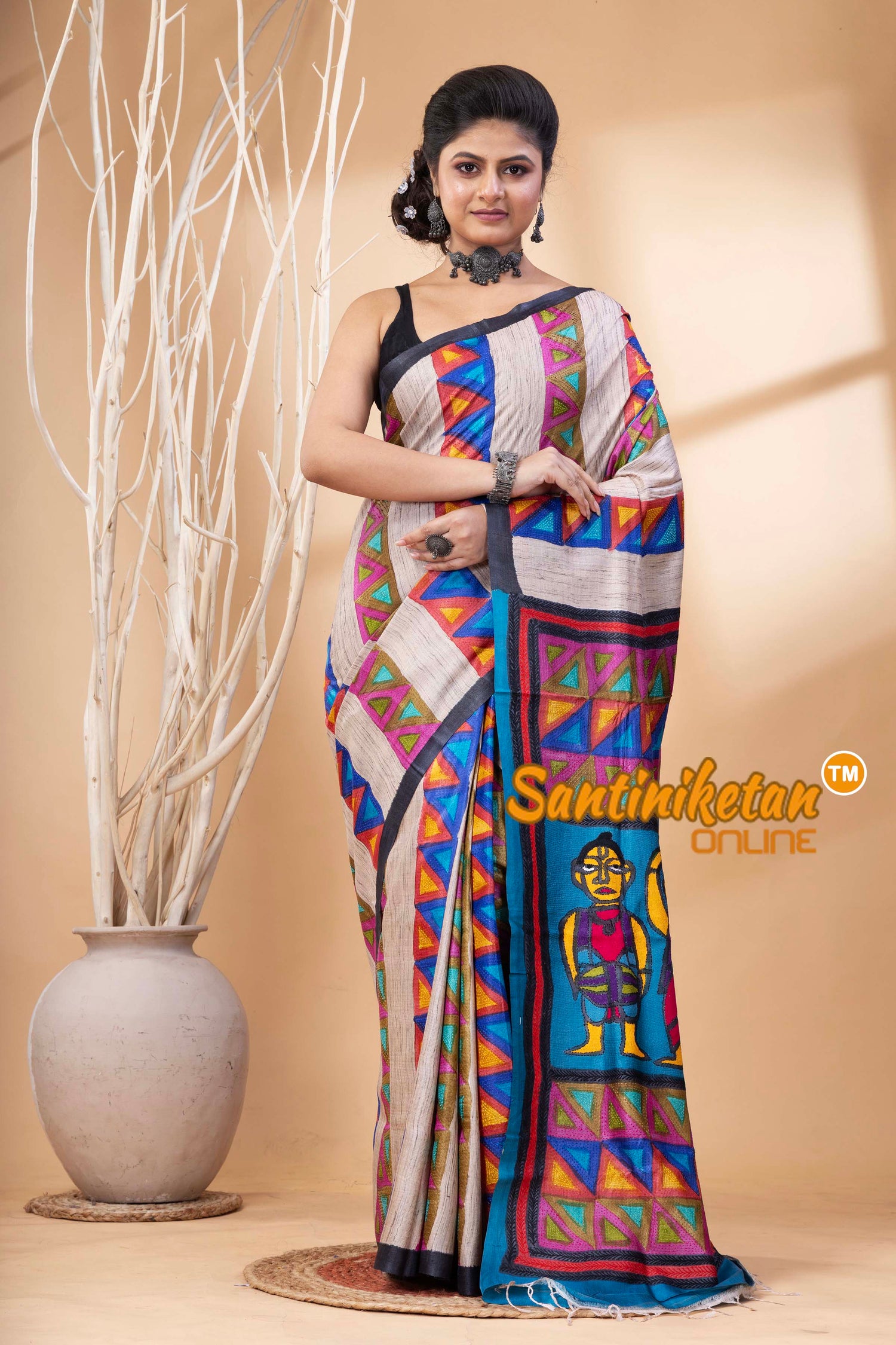 Pure Tussar Painting Kantha Stitch Saree SN202524680