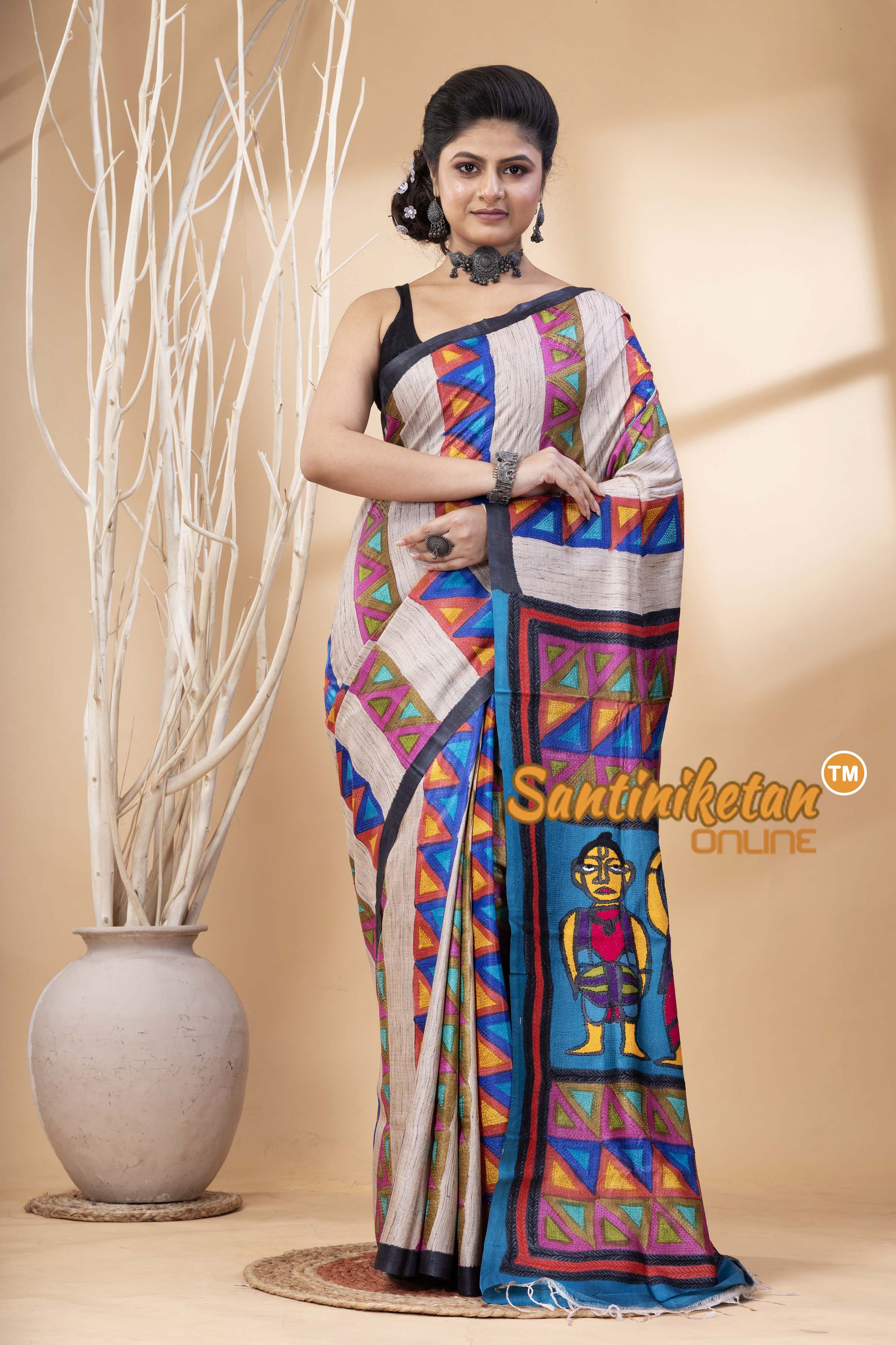 Pure Tussar Painting Kantha Stitch Saree SN202524680