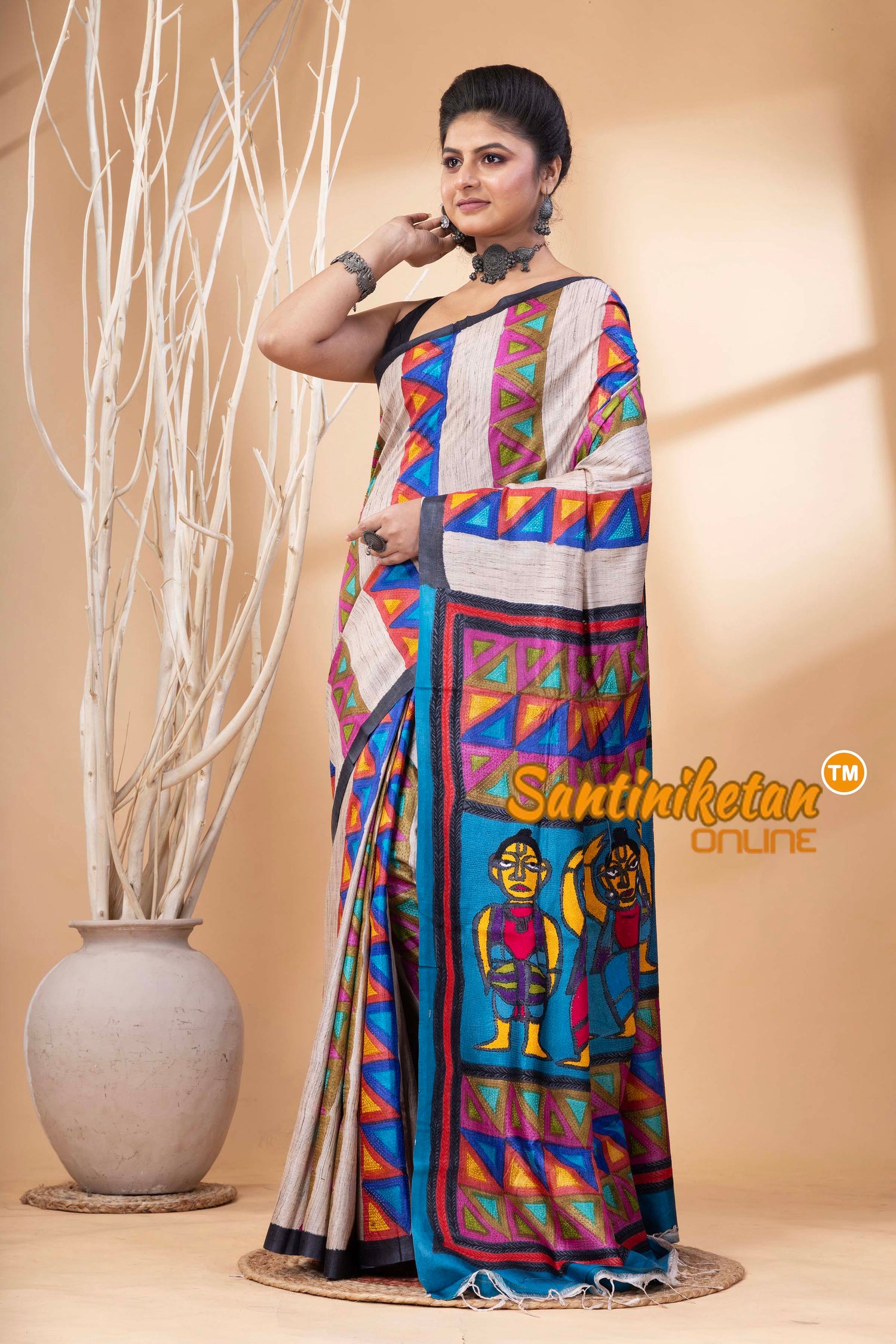 Pure Tussar Painting Kantha Stitch Saree SN202524680