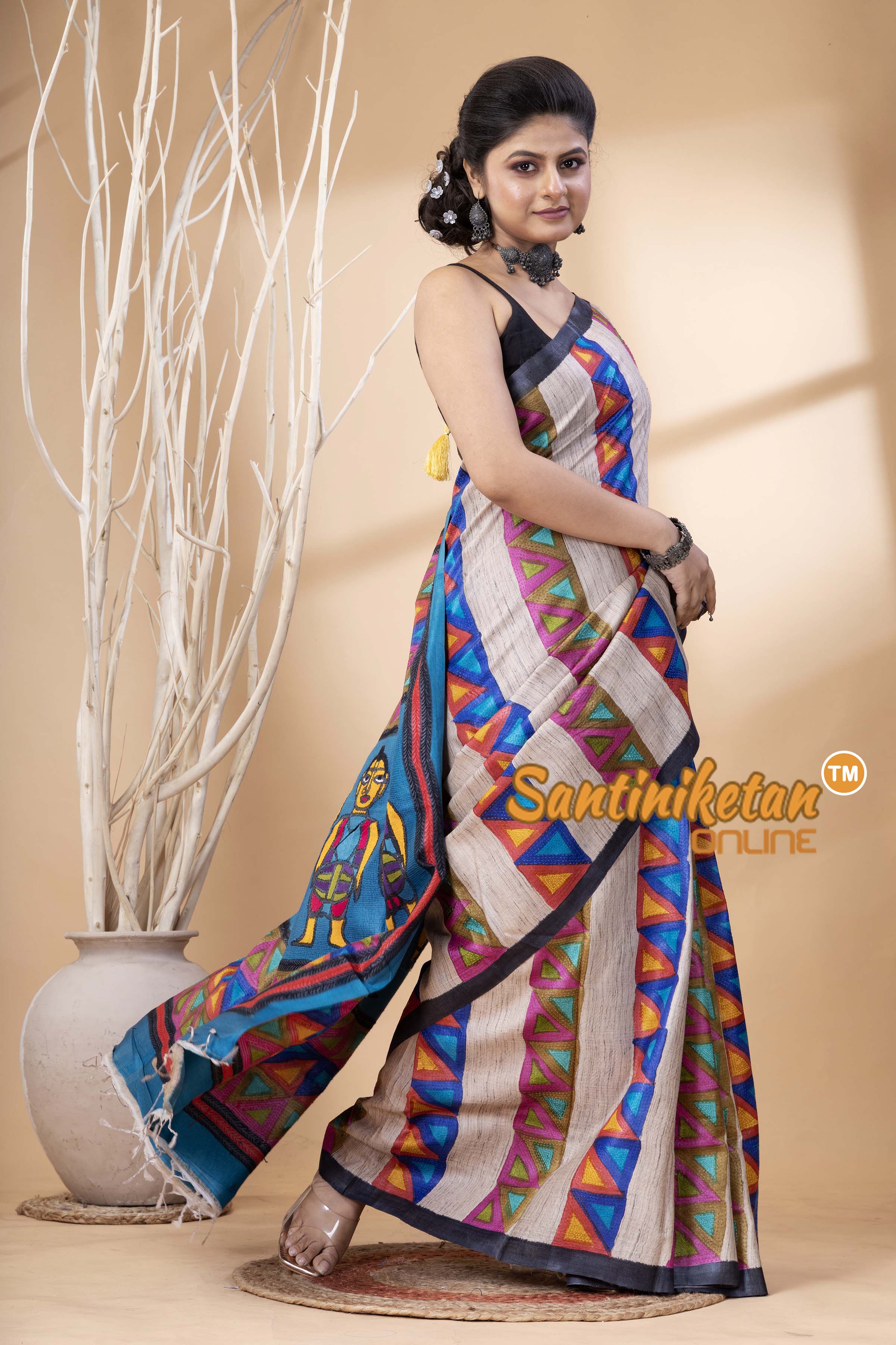 Pure Tussar Painting Kantha Stitch Saree SN202524680