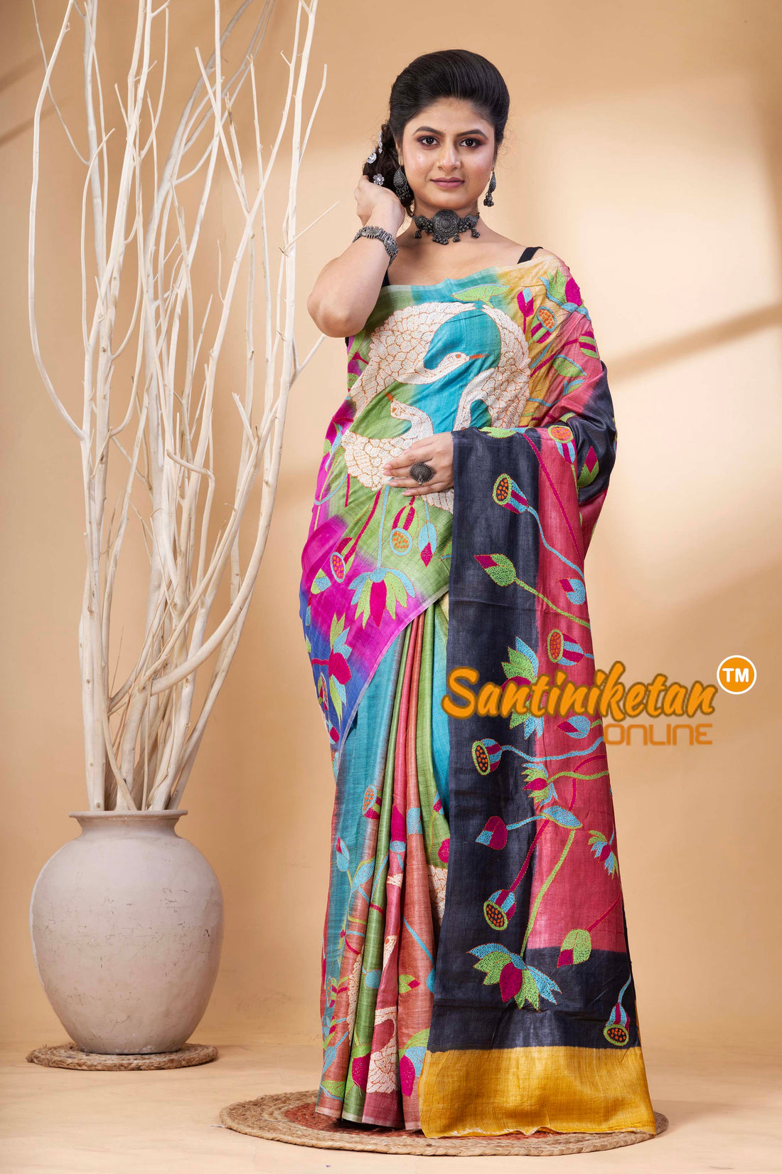 Pure Dye Tussar Silk Kantha Stitch Saree SN202524686