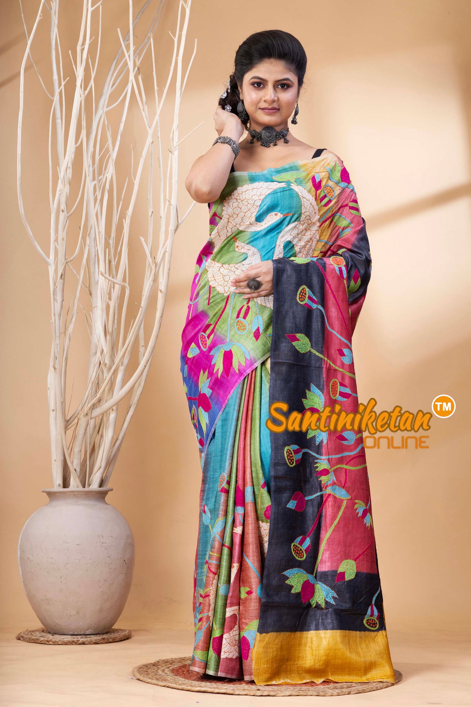 Pure Dye Tussar Silk Kantha Stitch Saree SN202524686