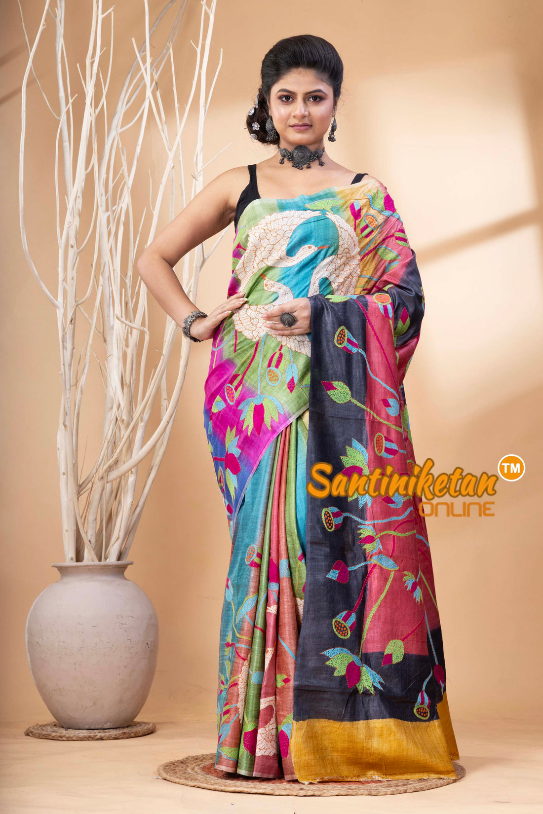 Pure Dye Tussar Silk Kantha Stitch Saree SN202524686