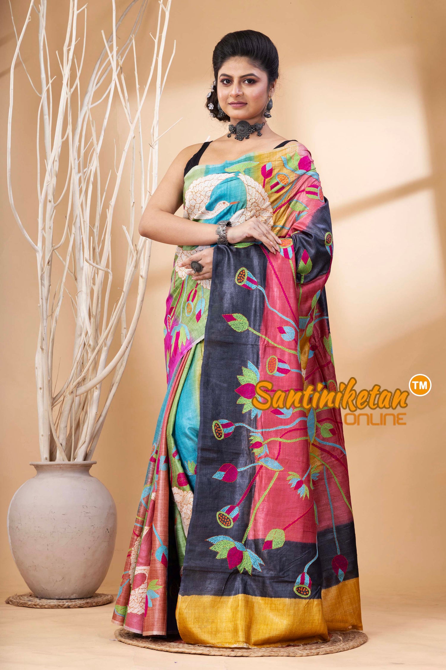 Pure Dye Tussar Silk Kantha Stitch Saree SN202524686
