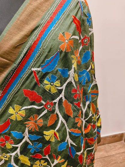 Zari Border Pure Tussar Kantha Stitch Dupatta SN26KD25