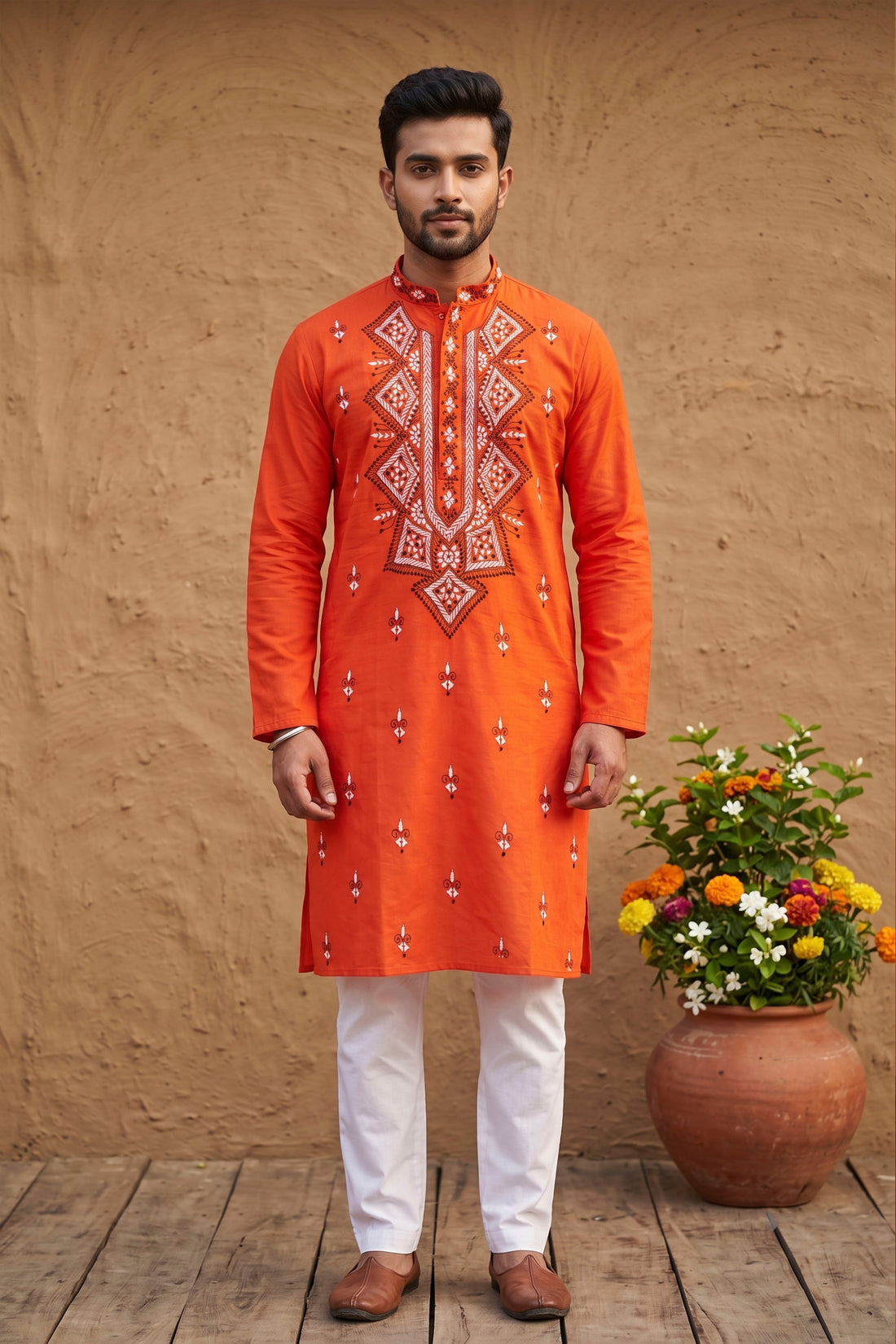 Red Pure Cotton with Kantha Work (Hand Embroidery) Panjabi
