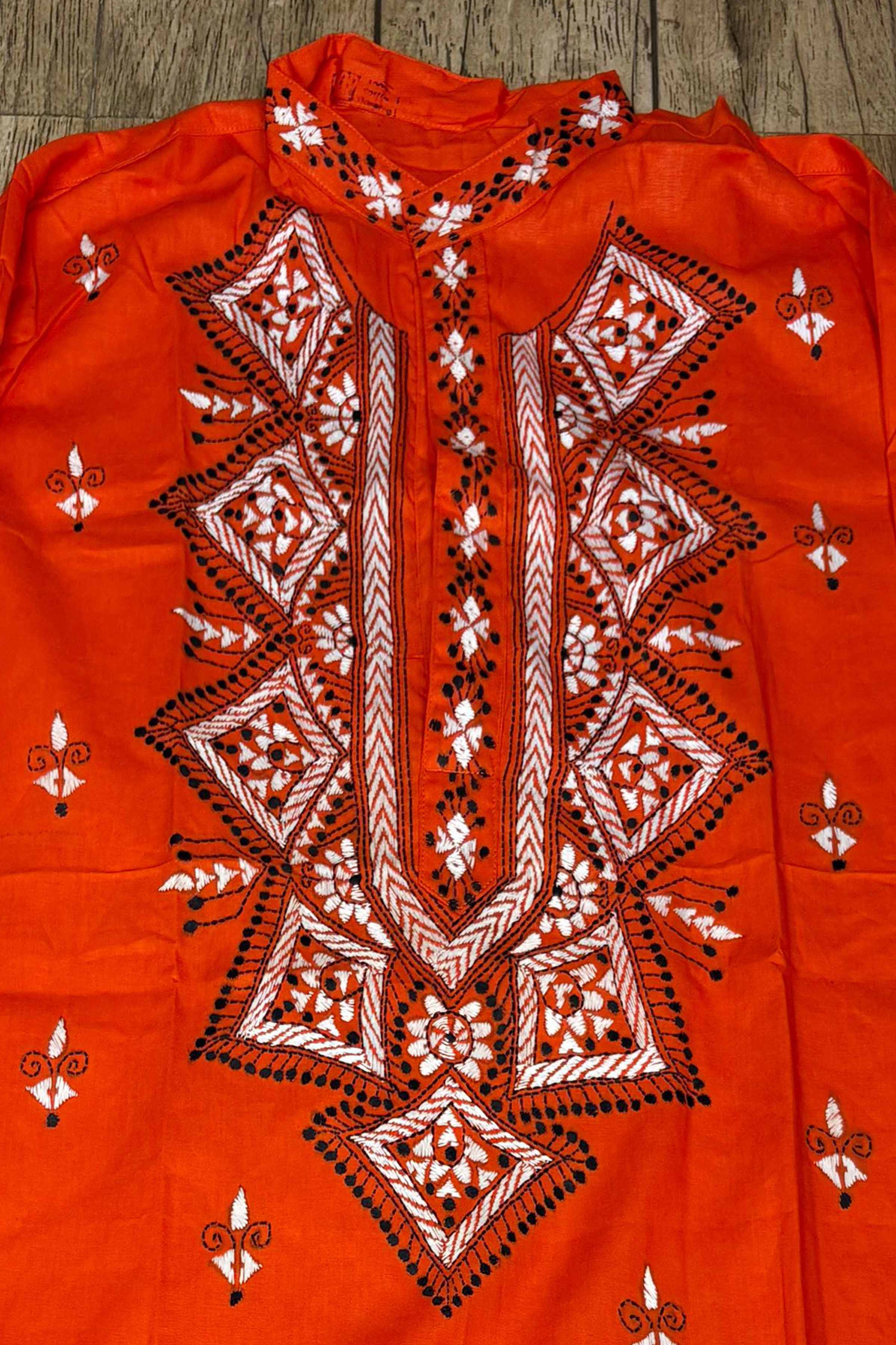 Red Pure Cotton with Kantha Work (Hand Embroidery) Panjabi