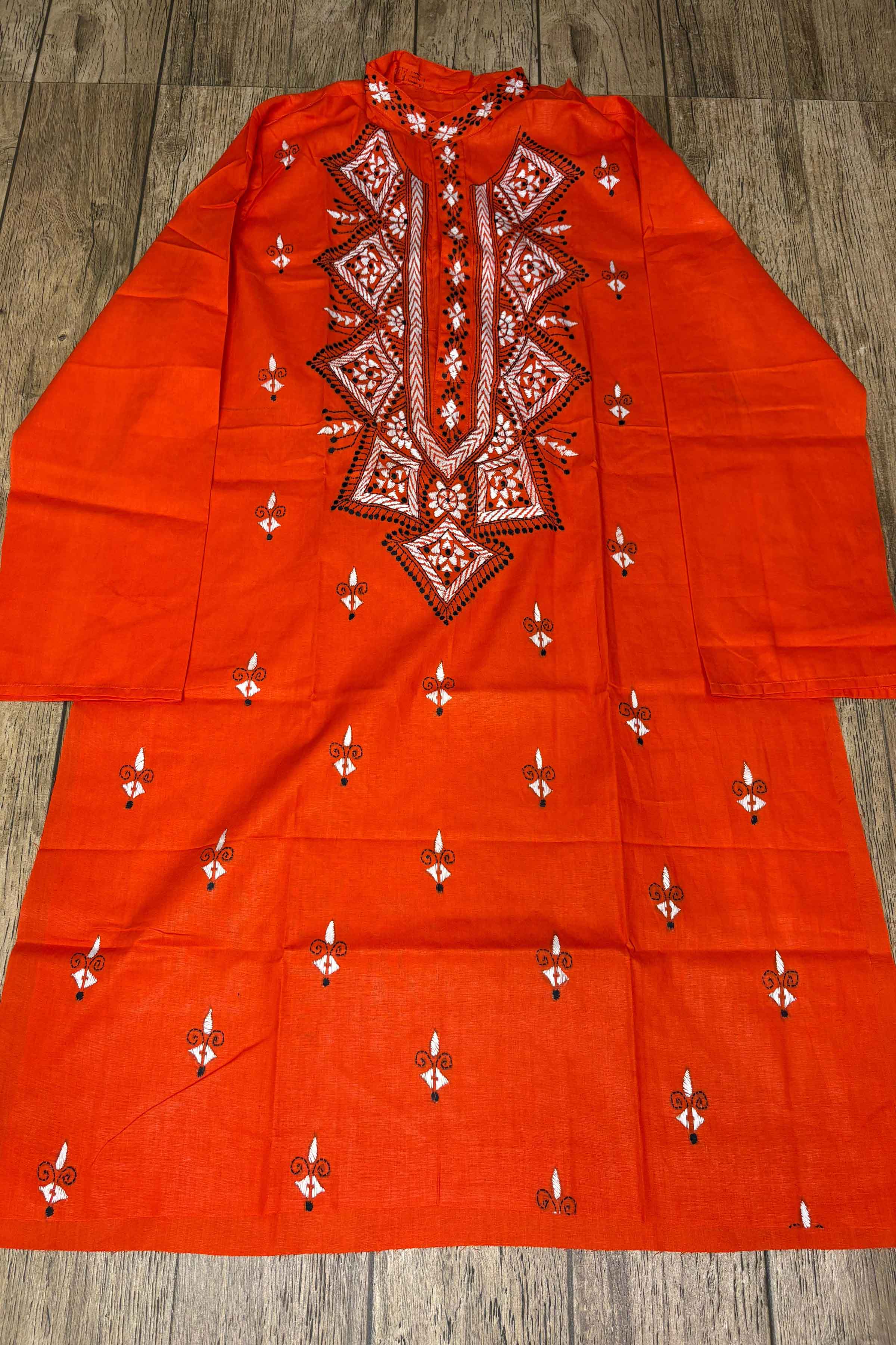 Red Pure Cotton with Kantha Work (Hand Embroidery) Panjabi