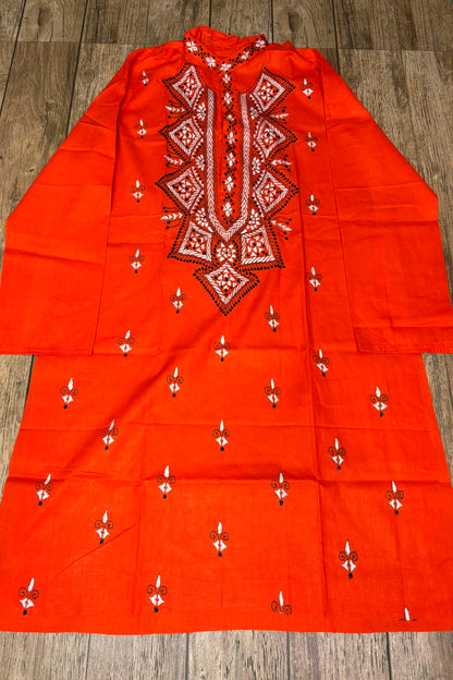 Red Pure Cotton with Kantha Work (Hand Embroidery) Panjabi
