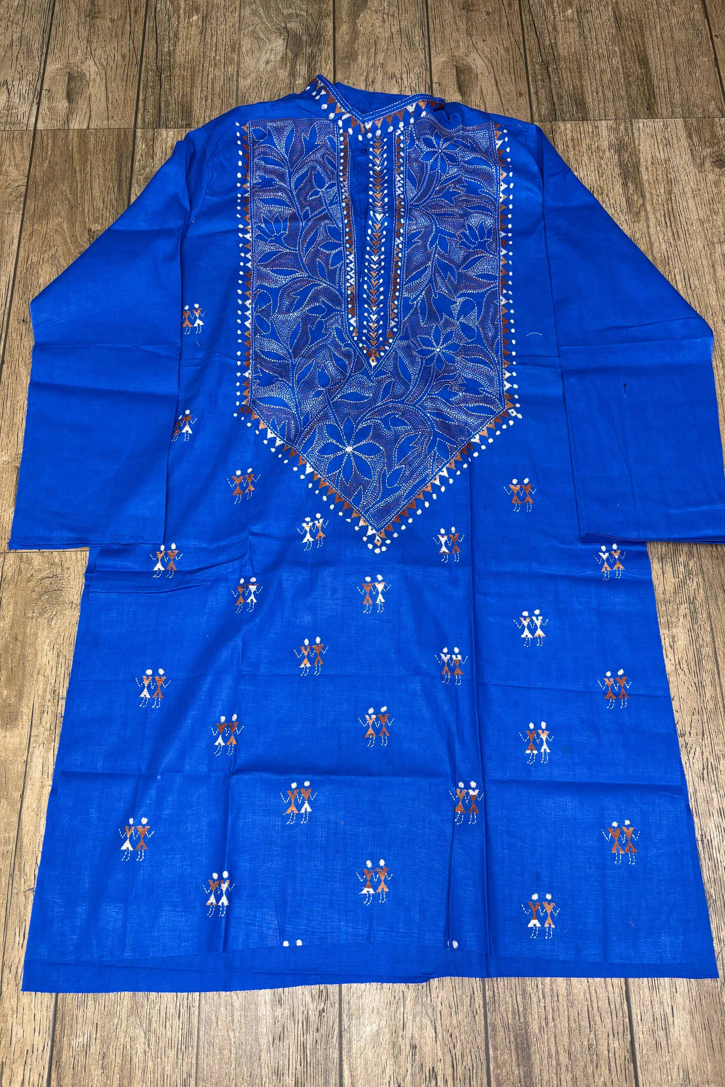 Blue Pure Cotton with Kantha Work (Hand Embroidery) Panjabi