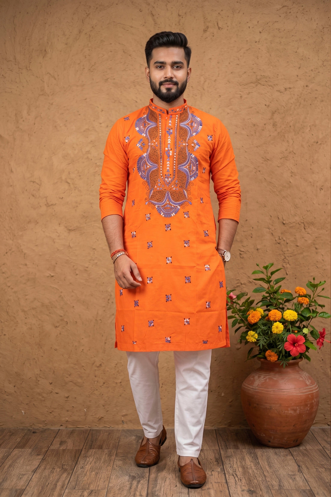 Orange Pure Cotton with Kantha Work (Hand Embroidery) Panjabi