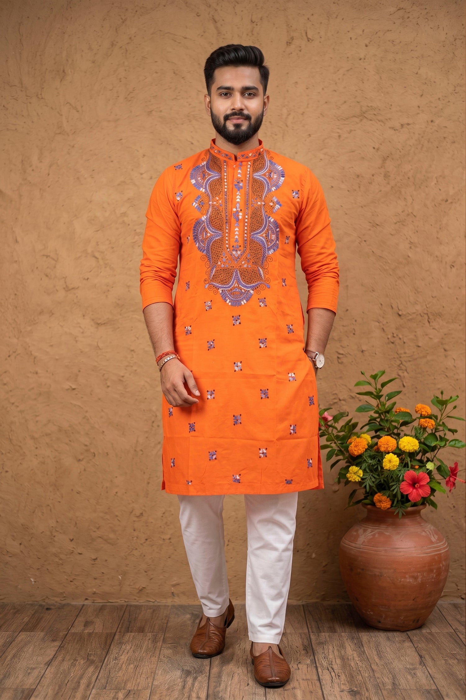 Orange Pure Cotton with Kantha Work (Hand Embroidery) Panjabi