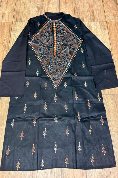 Black Pure Cotton with Kantha Work (Hand Embroidery) Panjabi