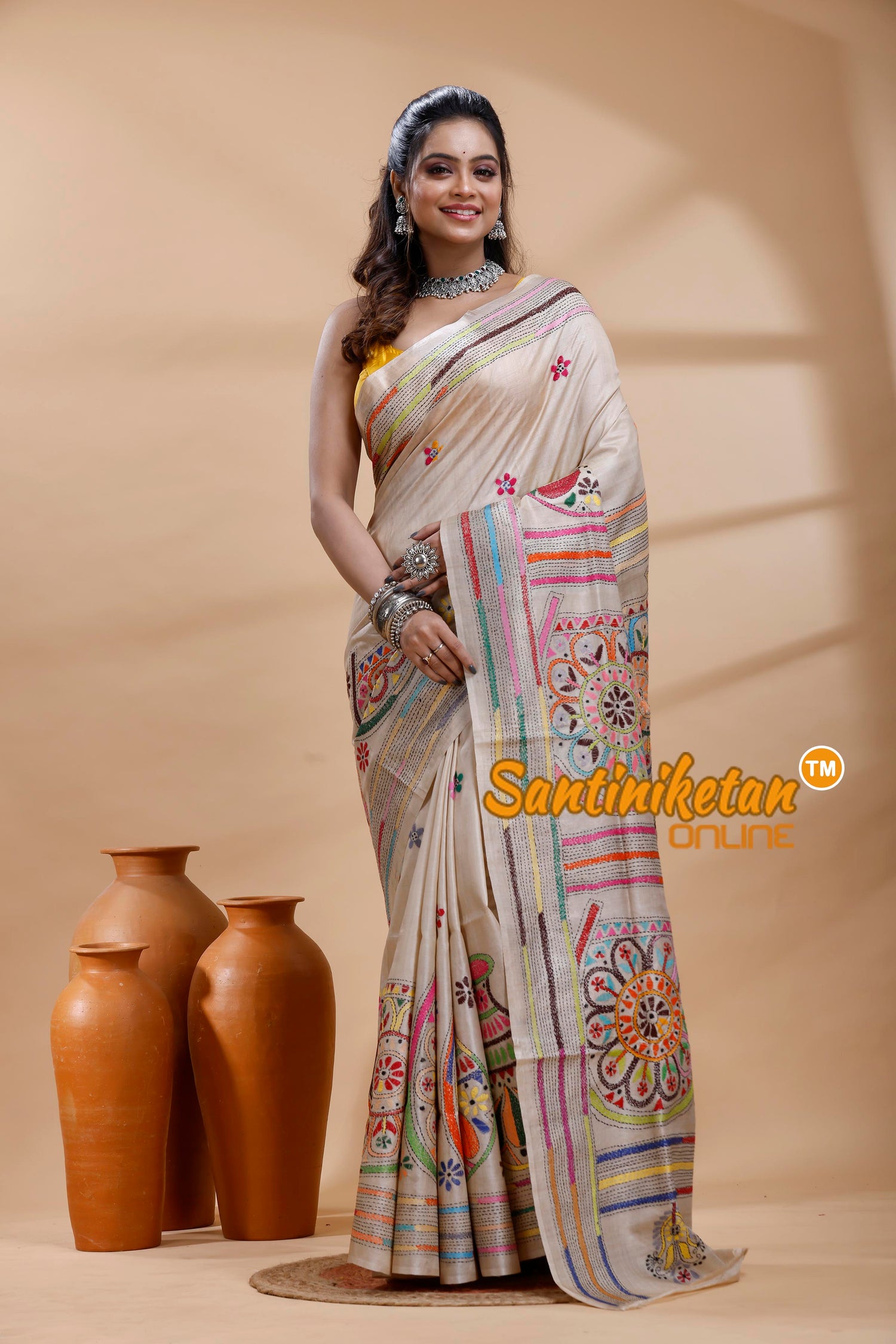 Pure Gachi Tussar Silk Kantha Stitch Saree