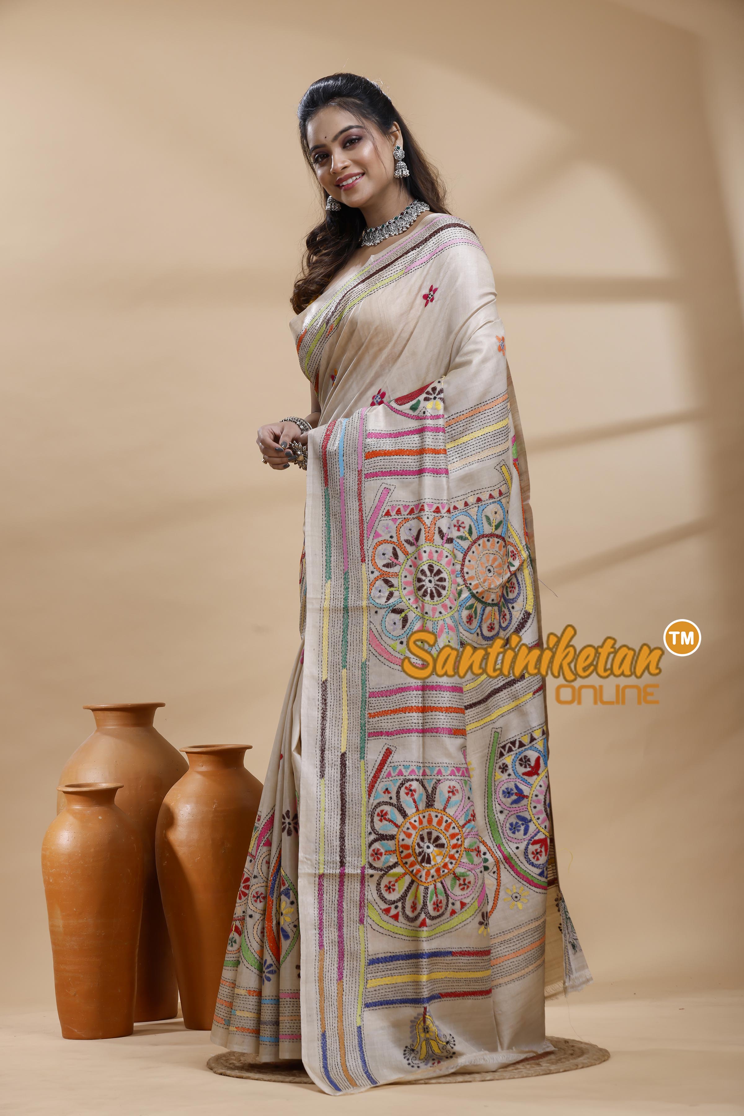 Pure Gachi Tussar Silk Kantha Stitch Saree