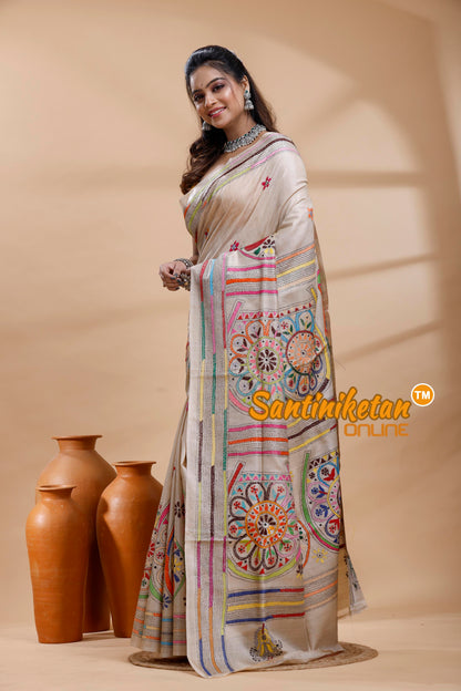 Pure Gachi Tussar Silk Kantha Stitch Saree