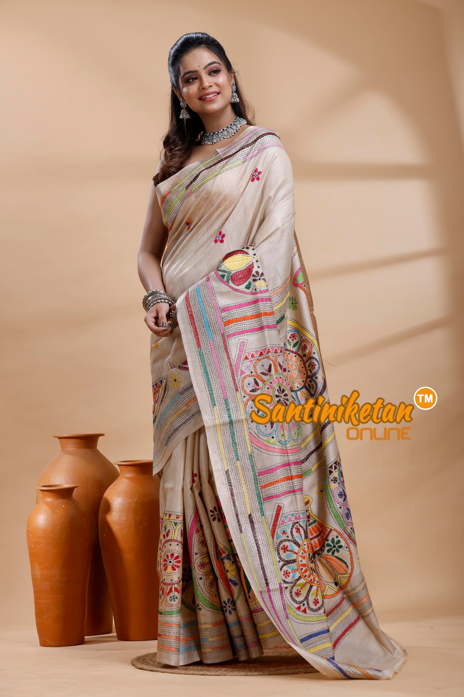 Pure Gachi Tussar Silk Kantha Stitch Saree