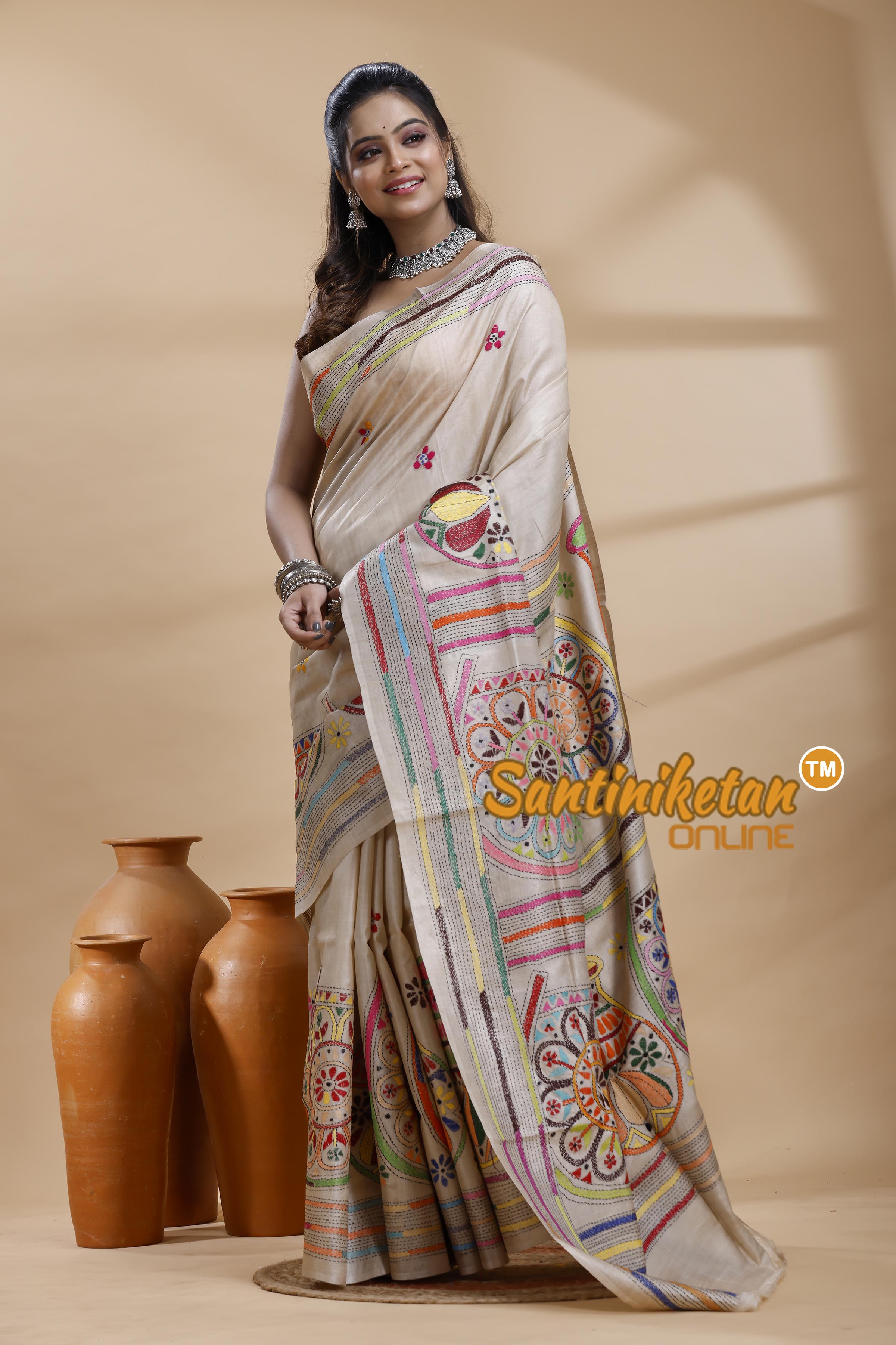 Pure Gachi Tussar Silk Kantha Stitch Saree