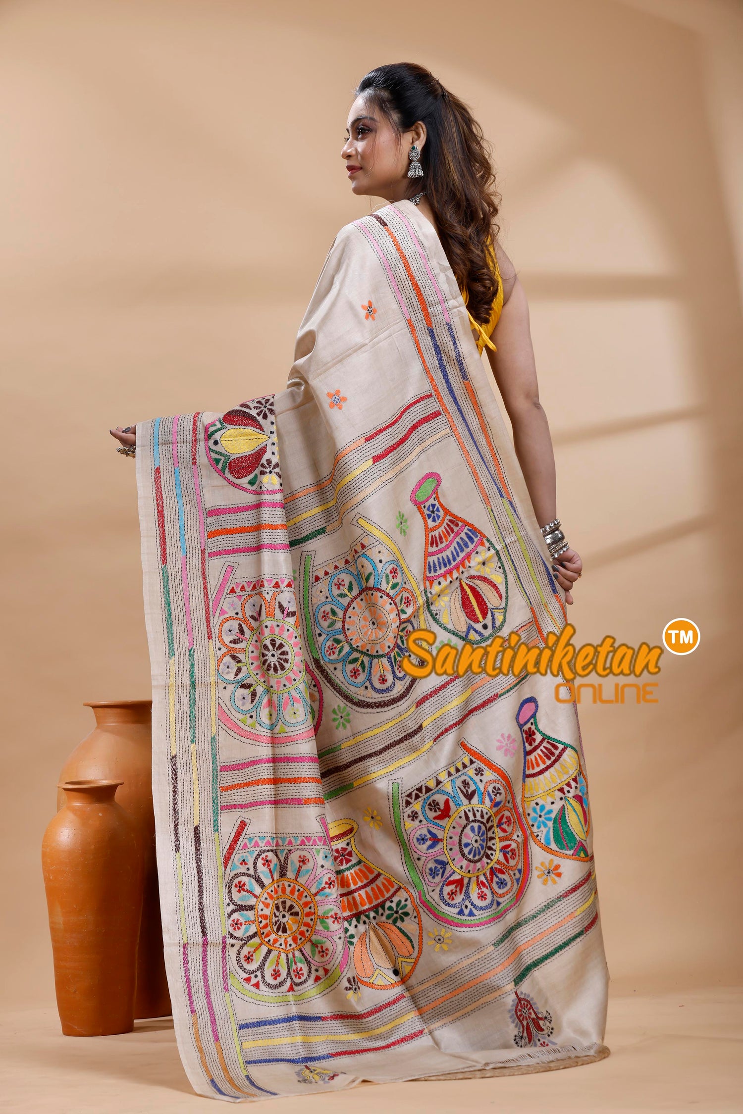 Pure Gachi Tussar Silk Kantha Stitch Saree