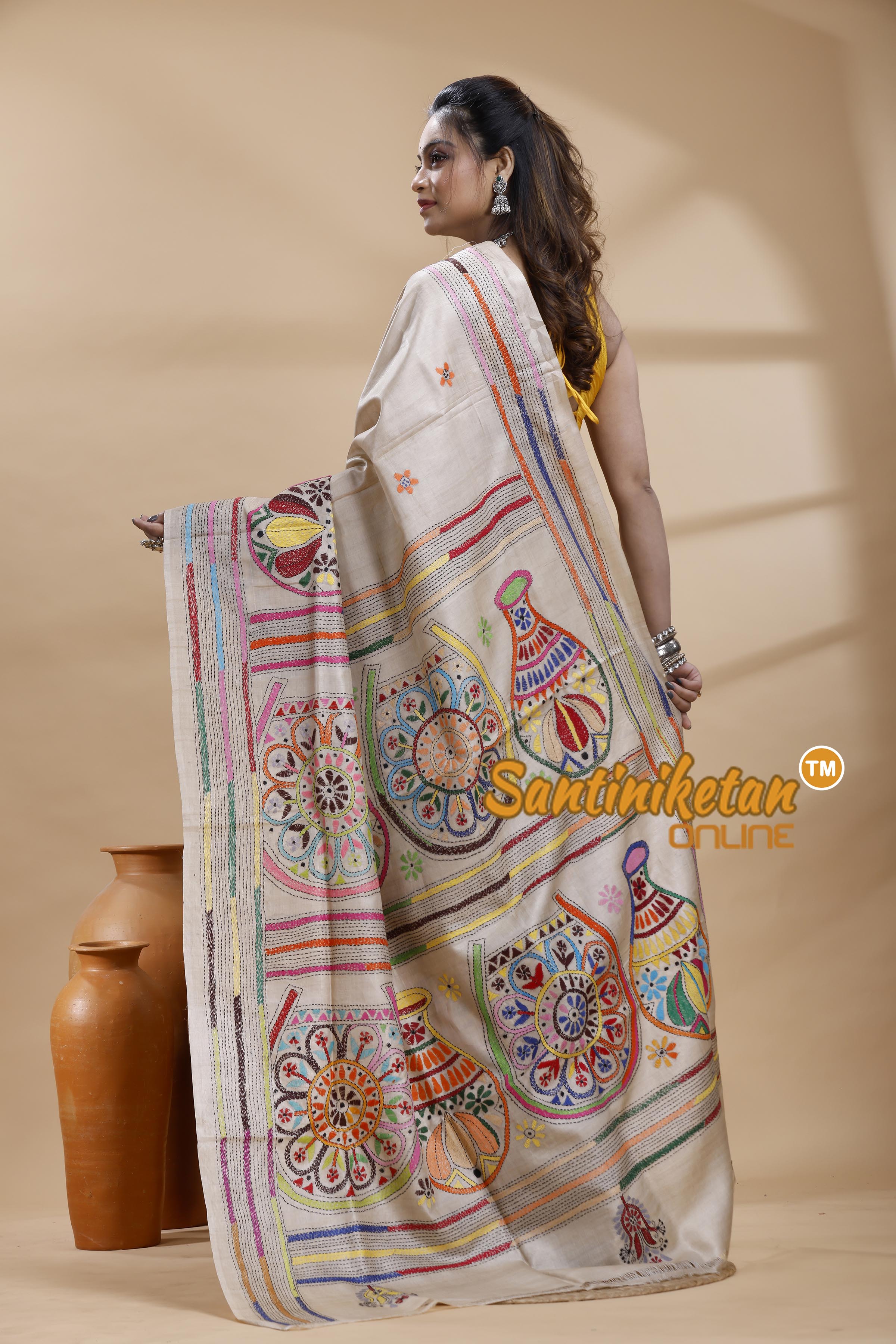 Pure Gachi Tussar Silk Kantha Stitch Saree