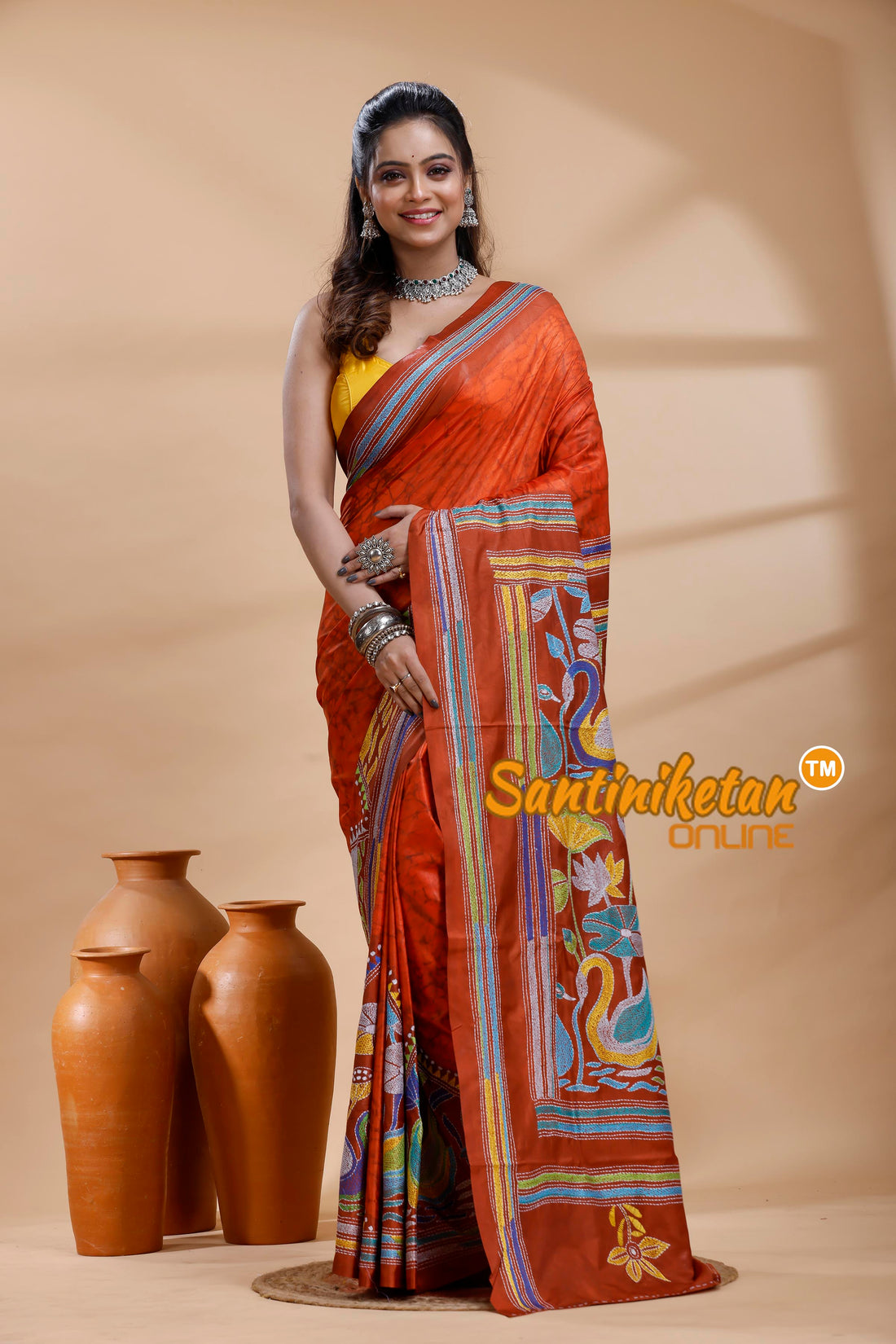Bangalore Silk Batik Kantha Stitch Saree