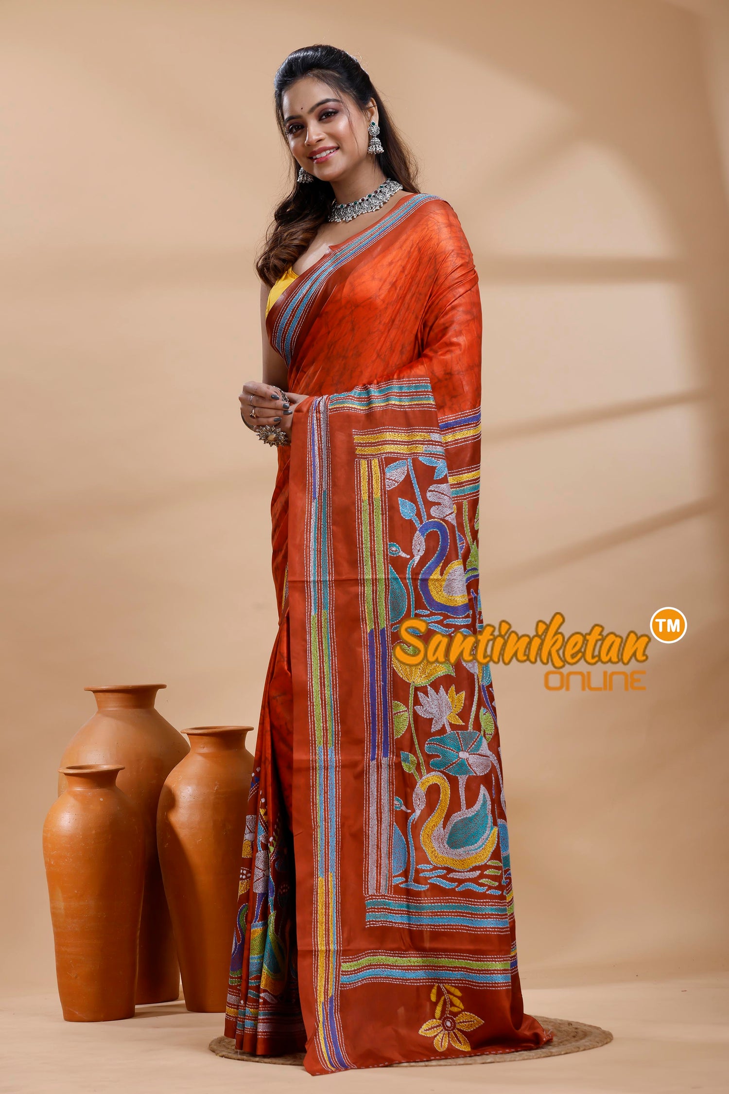 Bangalore Silk Batik Kantha Stitch Saree