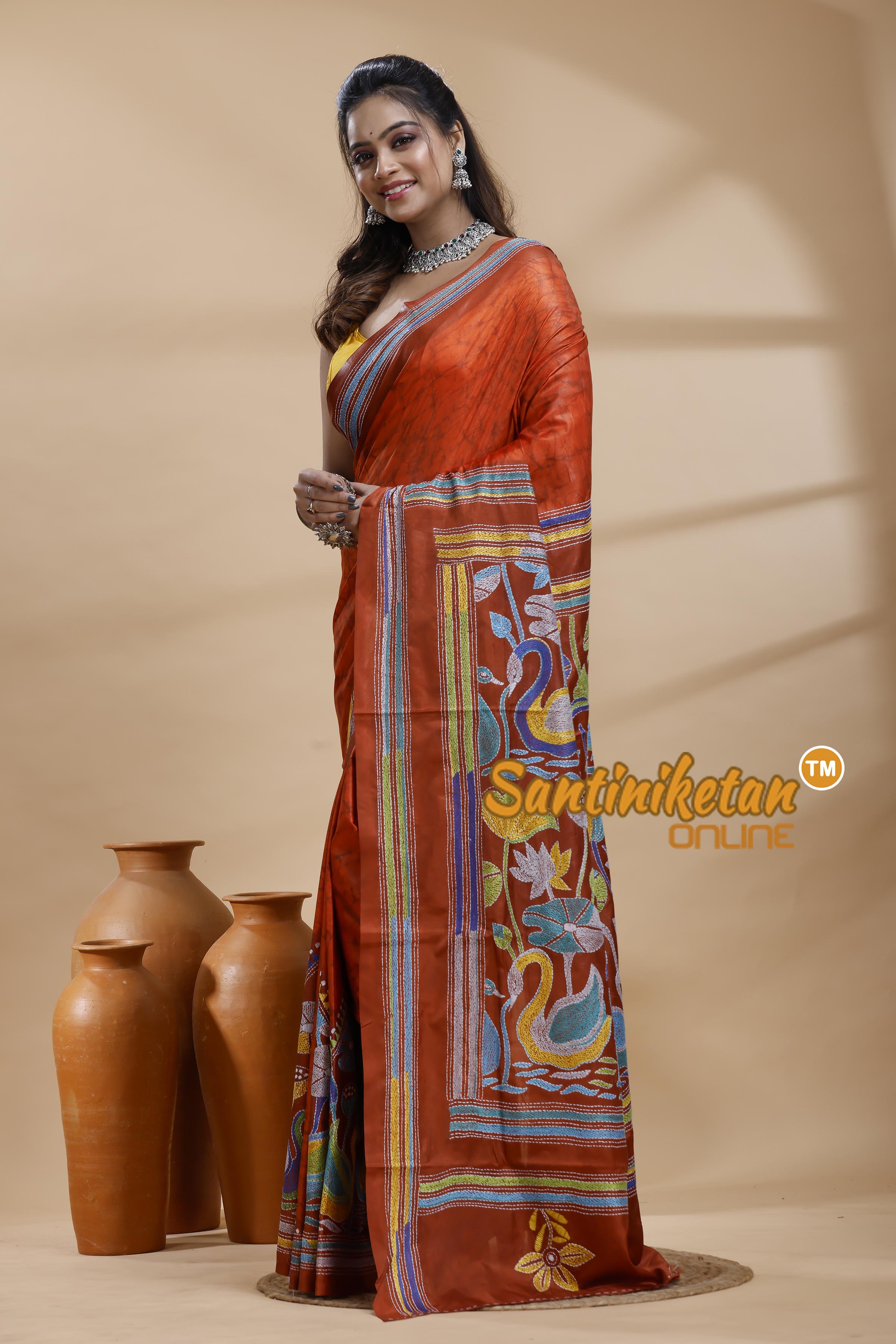 Bangalore Silk Batik Kantha Stitch Saree