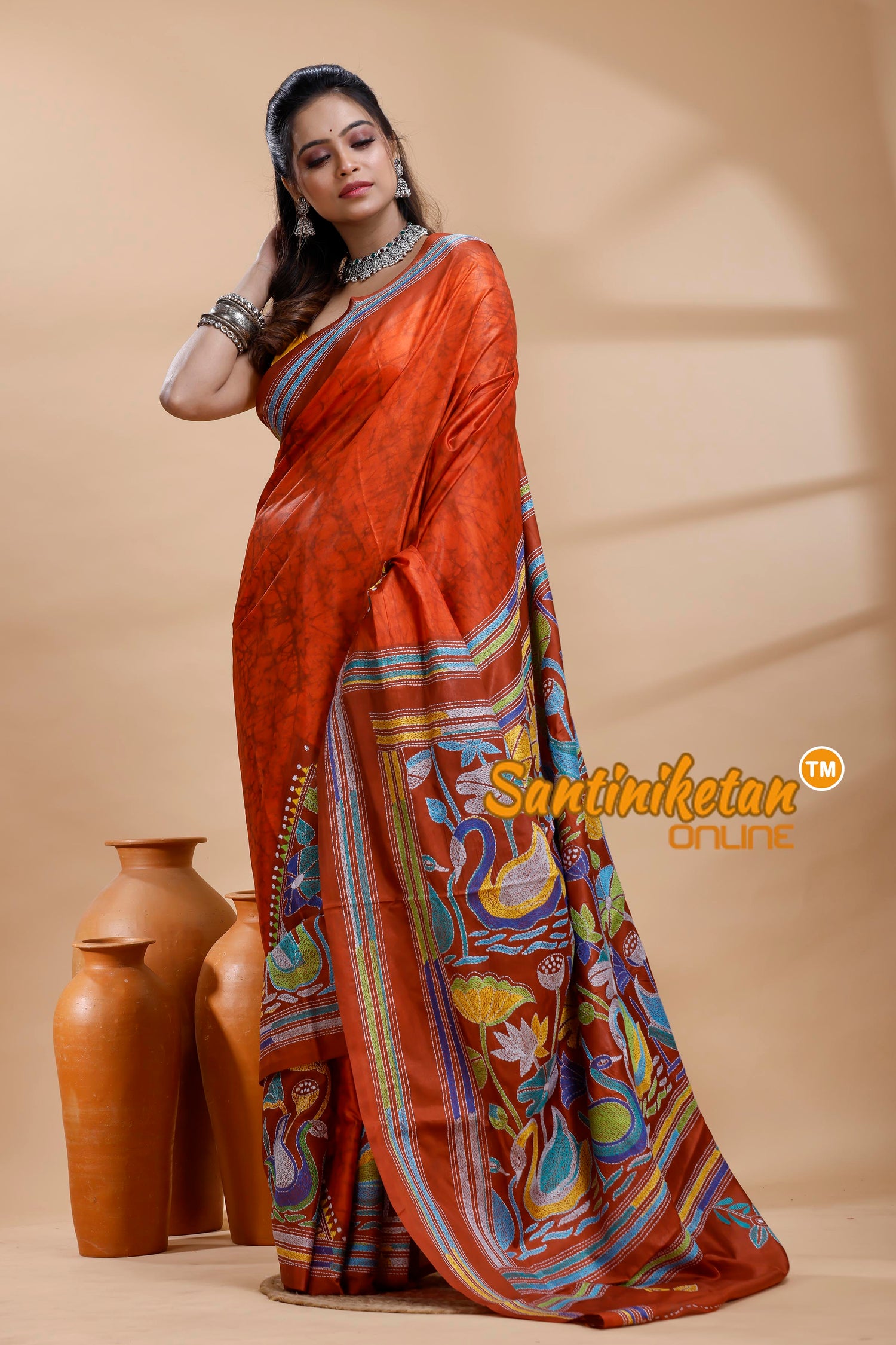Bangalore Silk Batik Kantha Stitch Saree