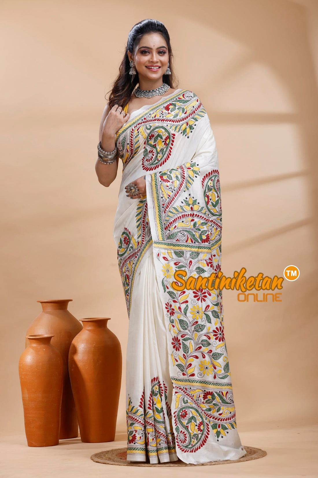 Bishnupuri (Katan) Silk Kantha Stitch Saree