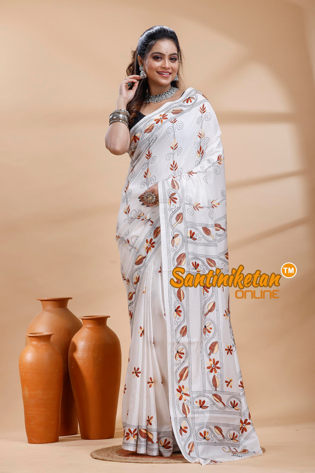 Bangalore Silk Kantha Stitch Saree