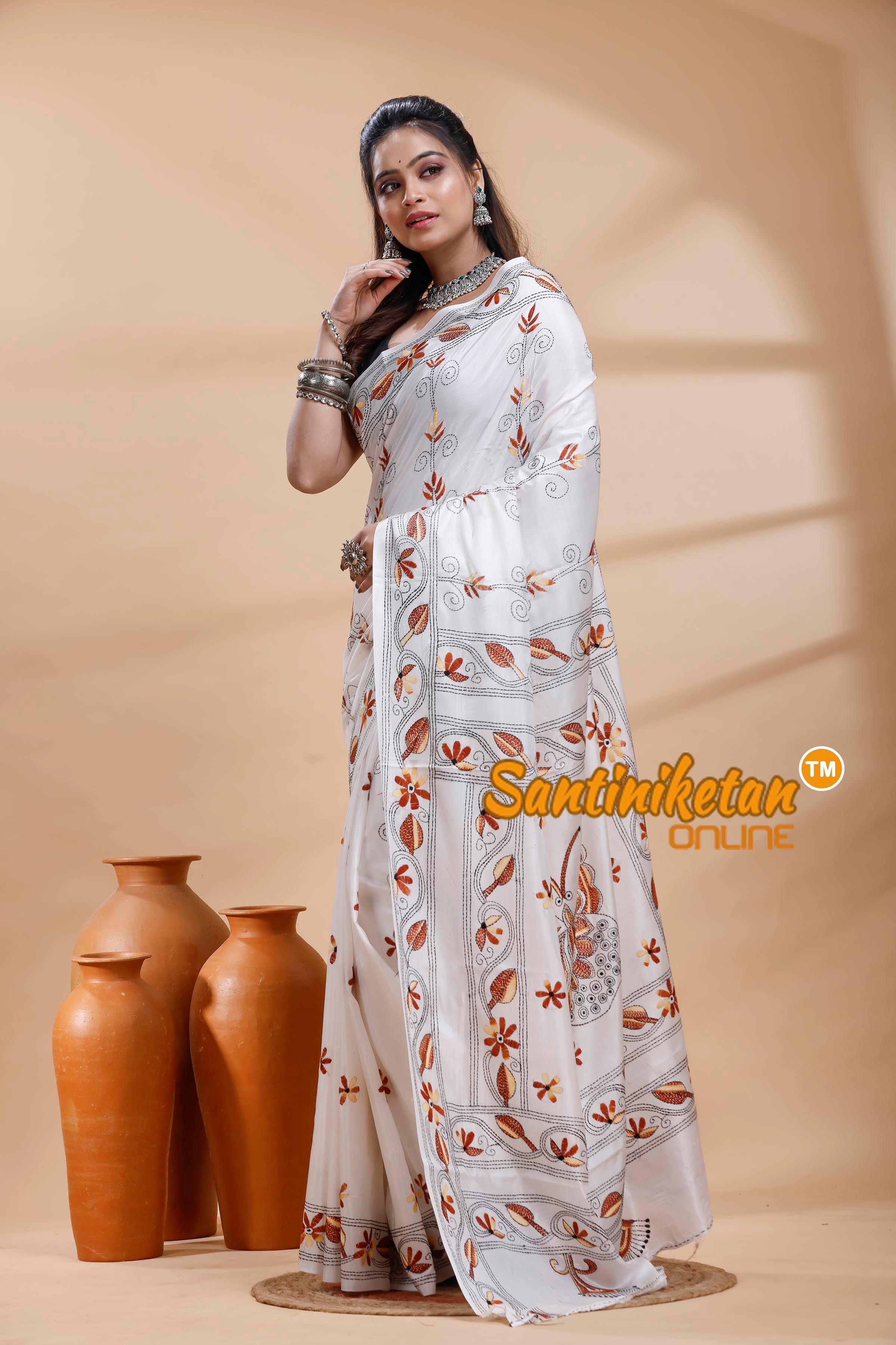 Bangalore Silk Kantha Stitch Saree