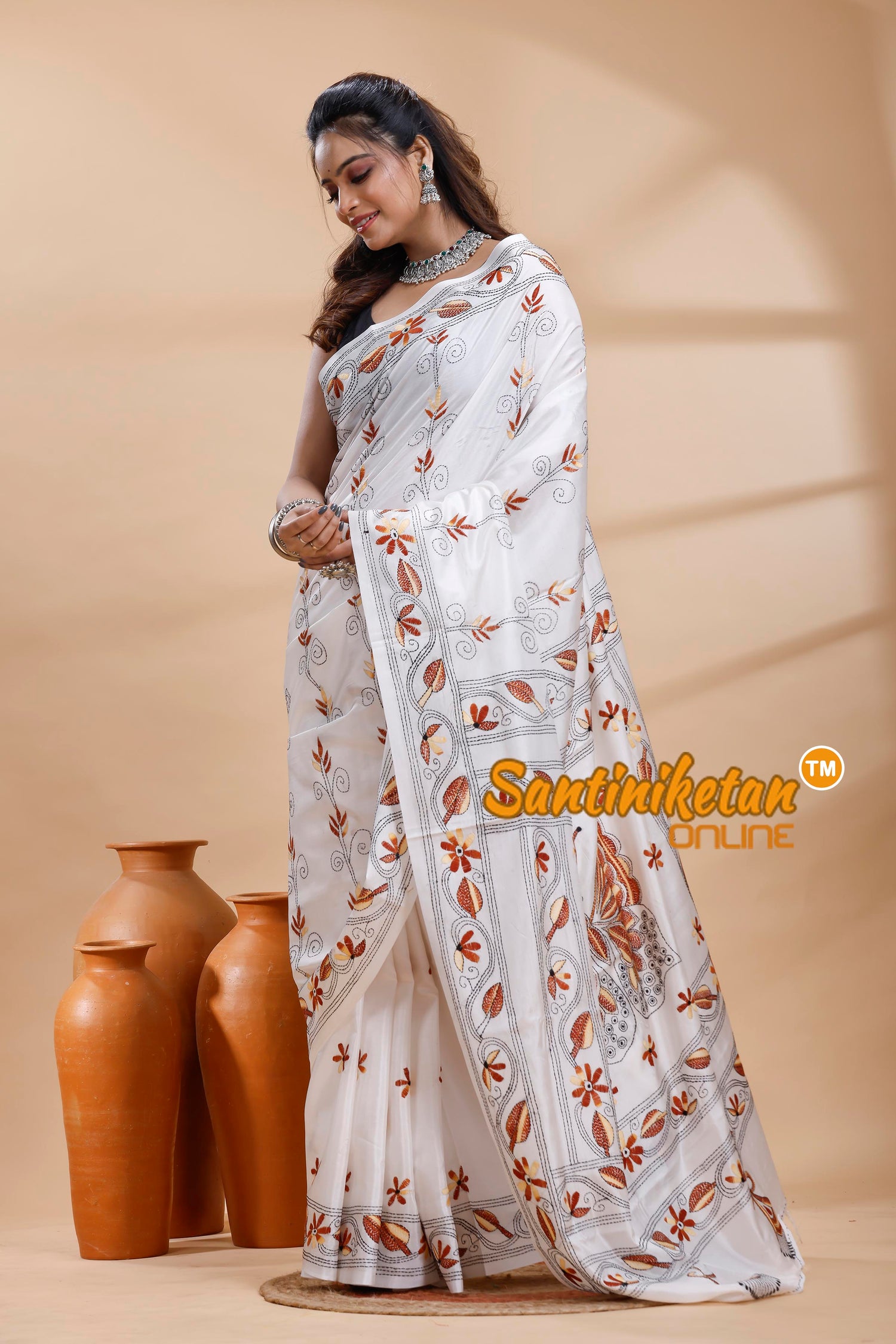 Bangalore Silk Kantha Stitch Saree