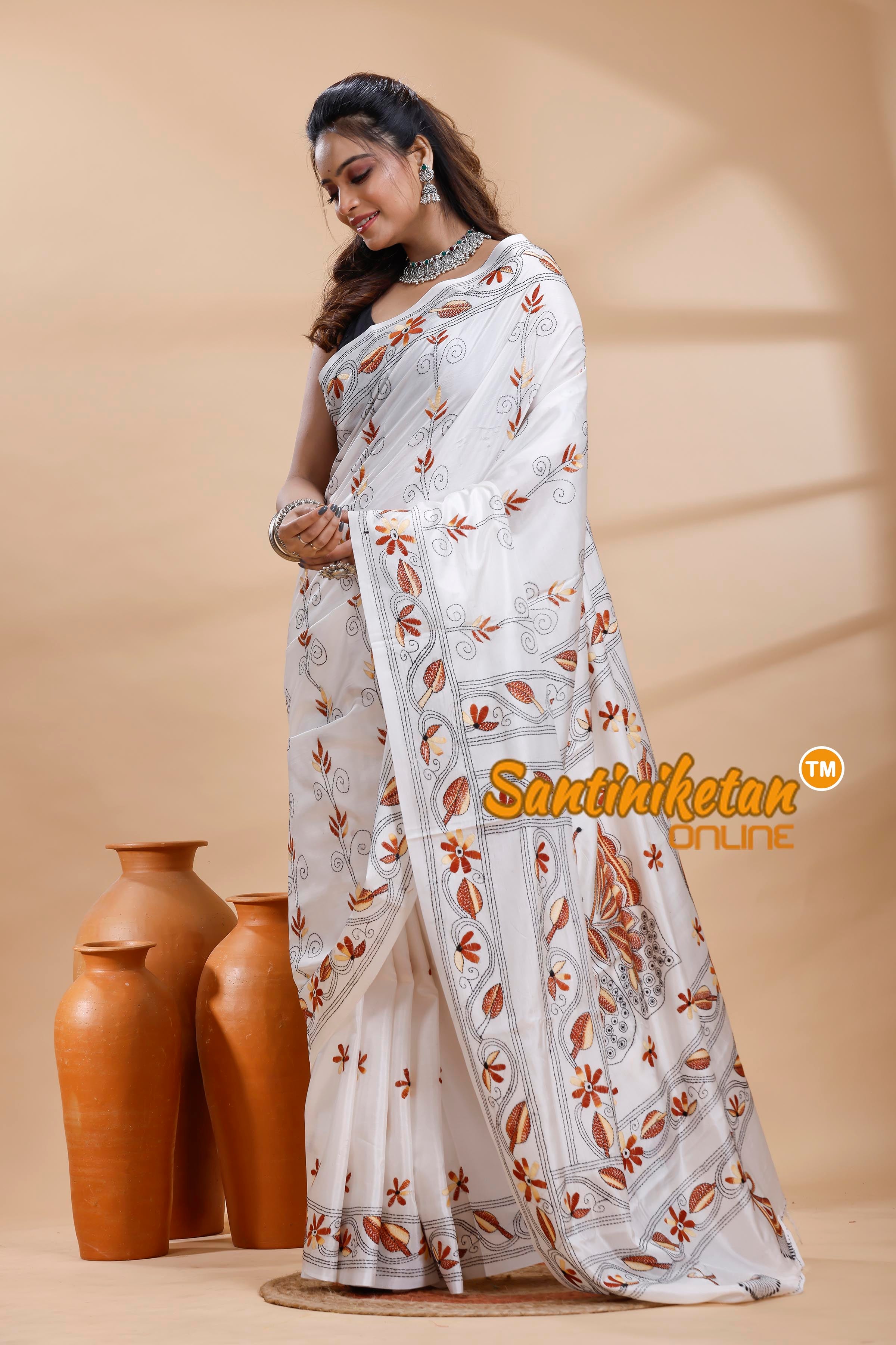 Bangalore Silk Kantha Stitch Saree