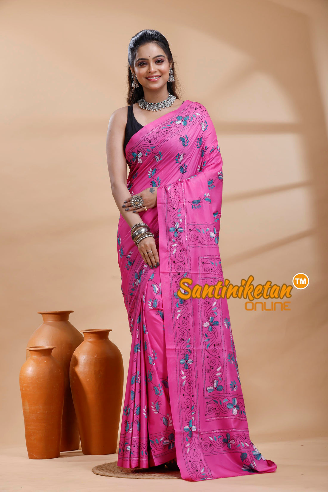 Bangalore Silk Kantha Stitch Saree