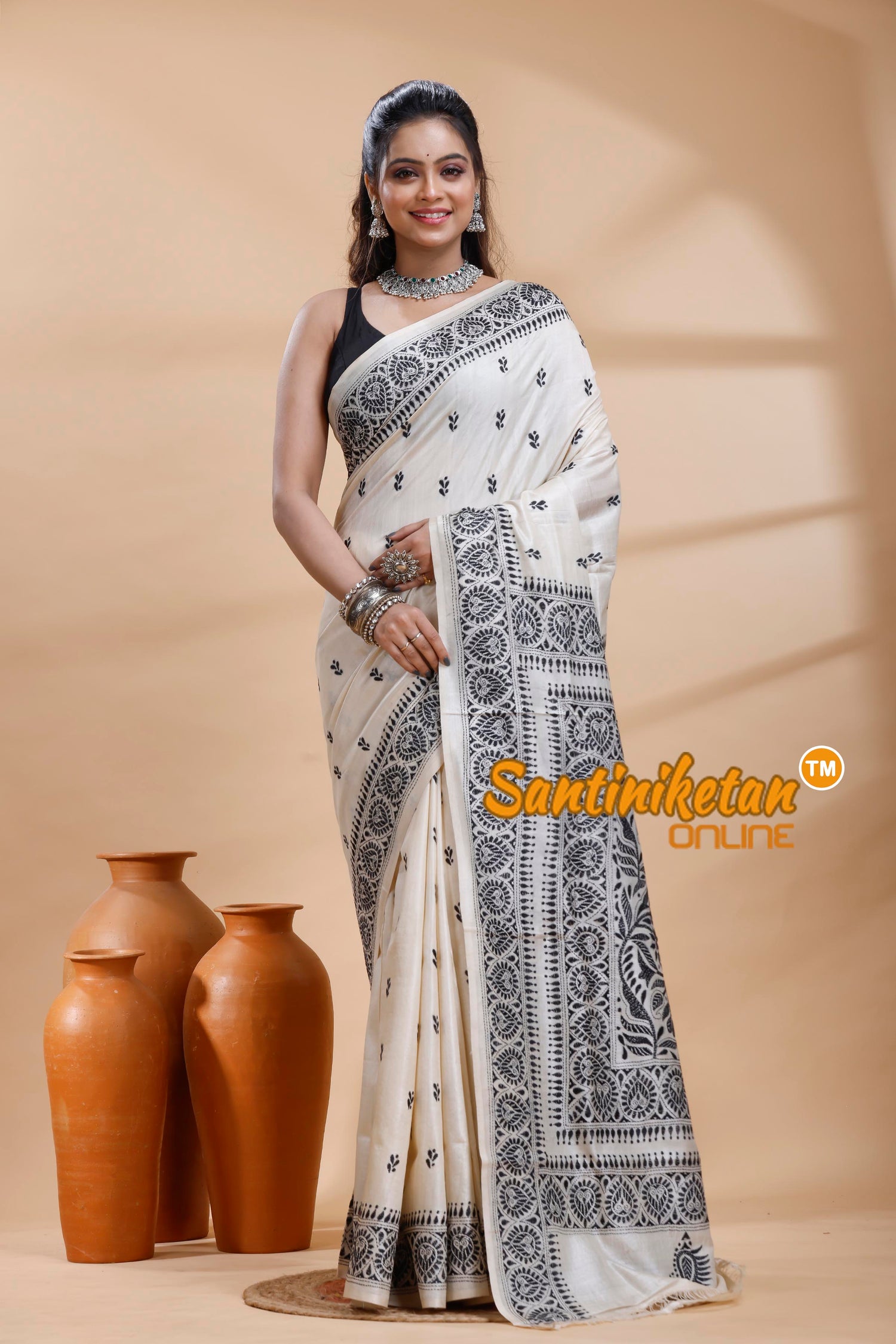 Pure Tussar Silk Kantha Stitch Saree
