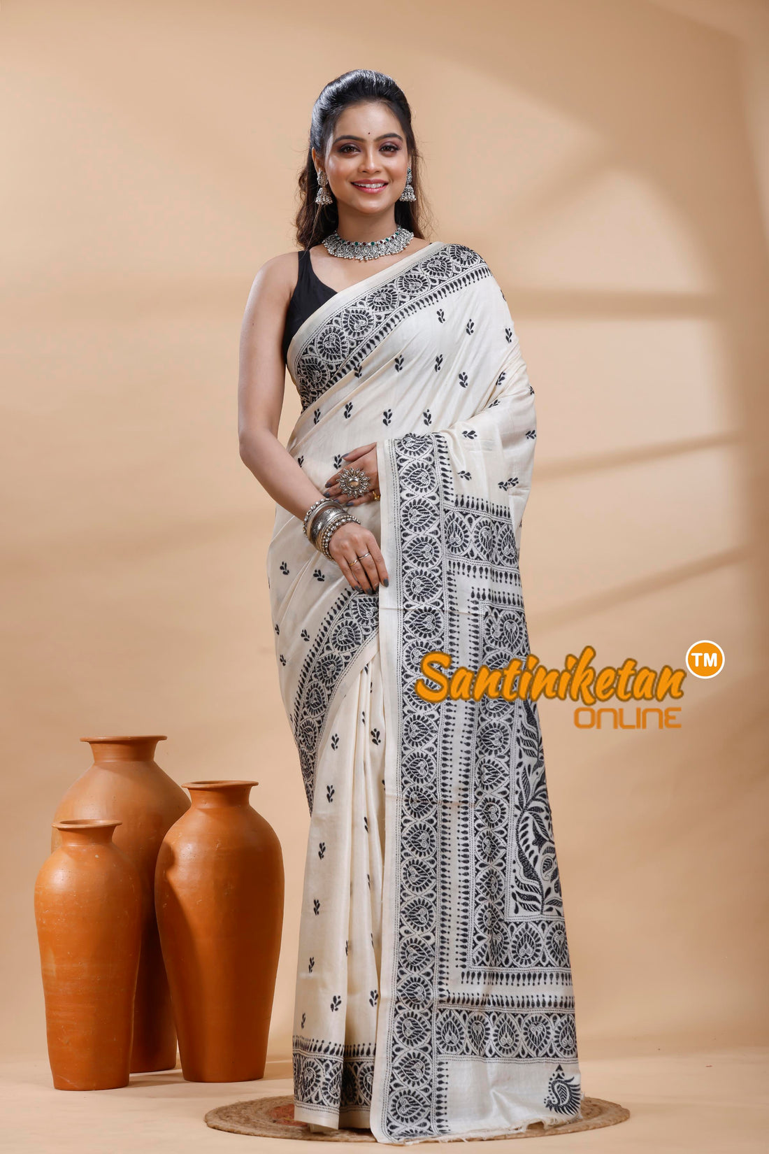 Pure Tussar Silk Kantha Stitch Saree