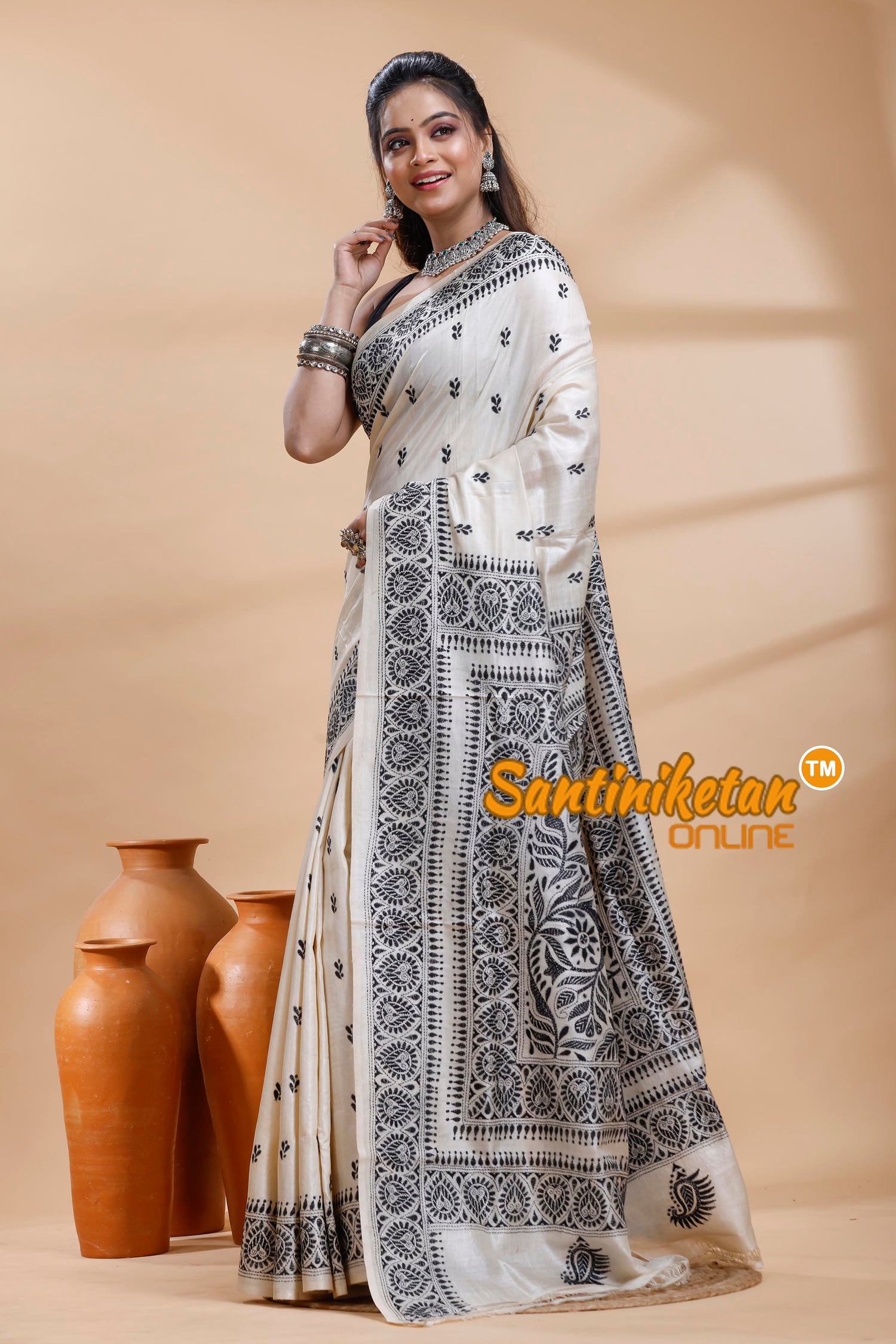 Pure Tussar Silk Kantha Stitch Saree