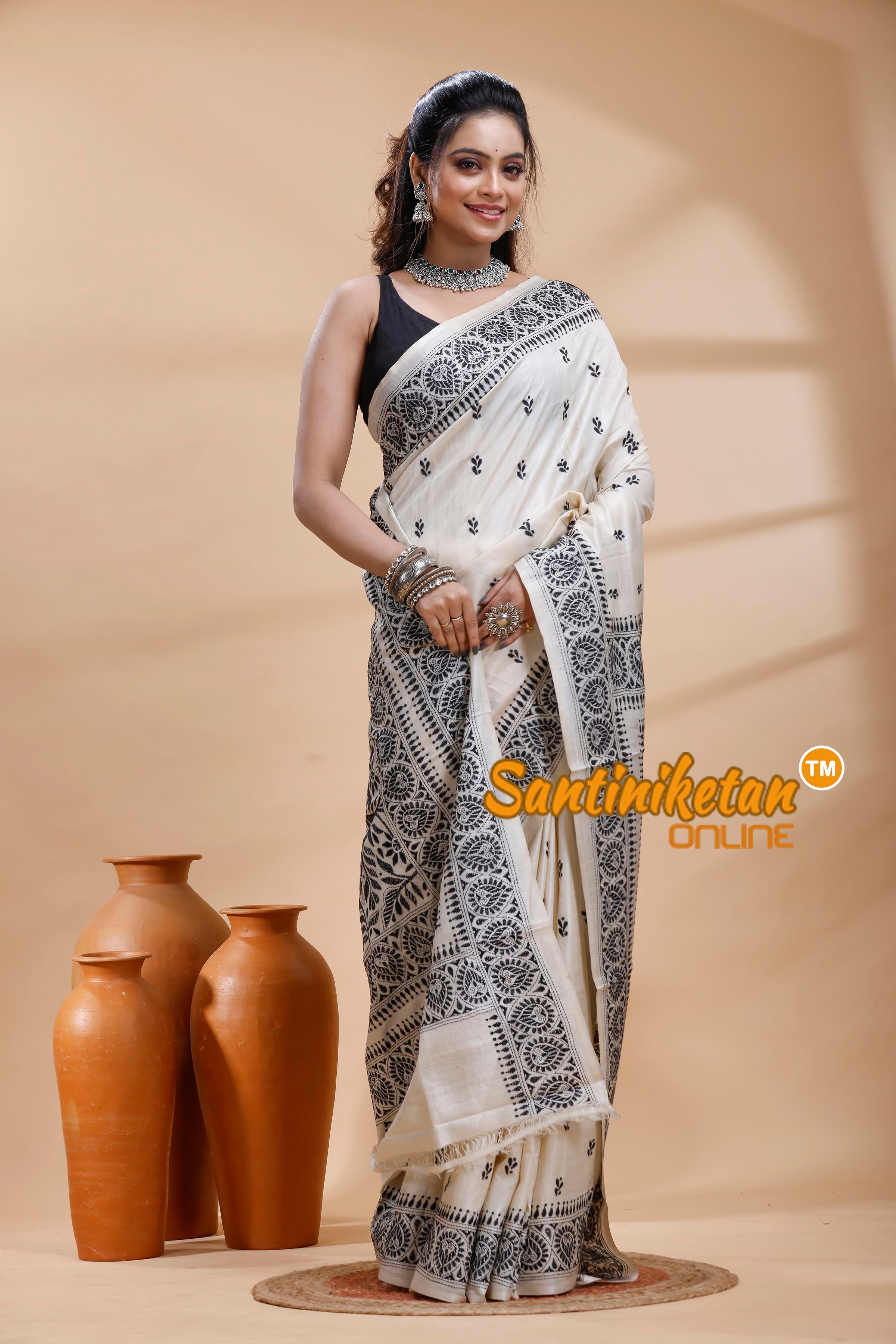 Pure Tussar Silk Kantha Stitch Saree