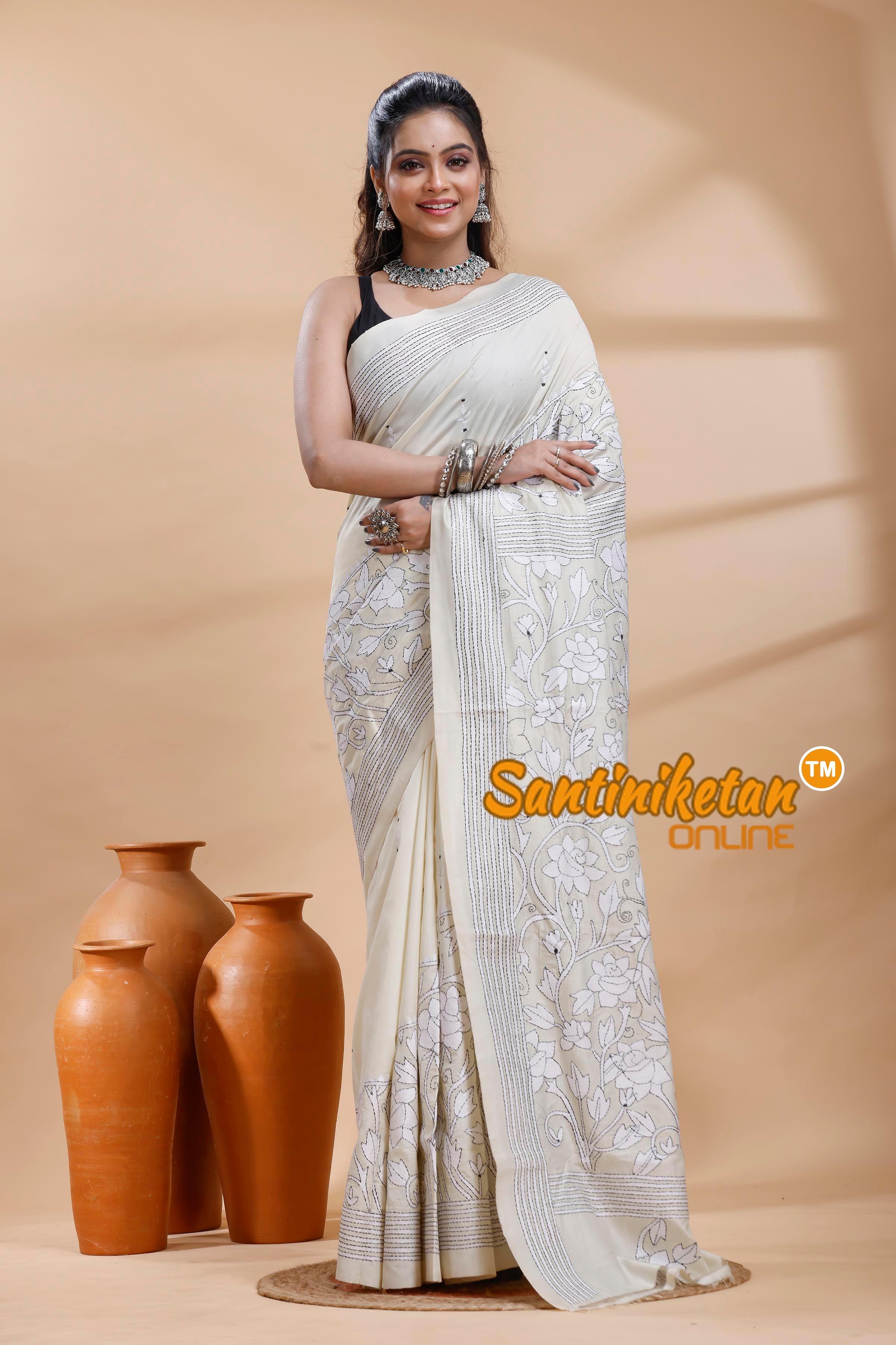 Tussar Silk Kantha Stitch Saree