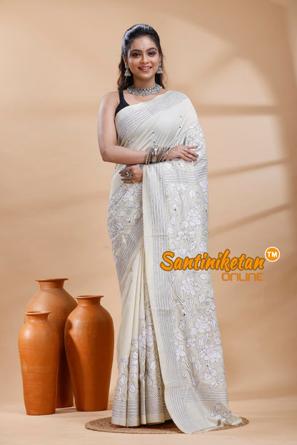 Tussar Silk Kantha Stitch Saree