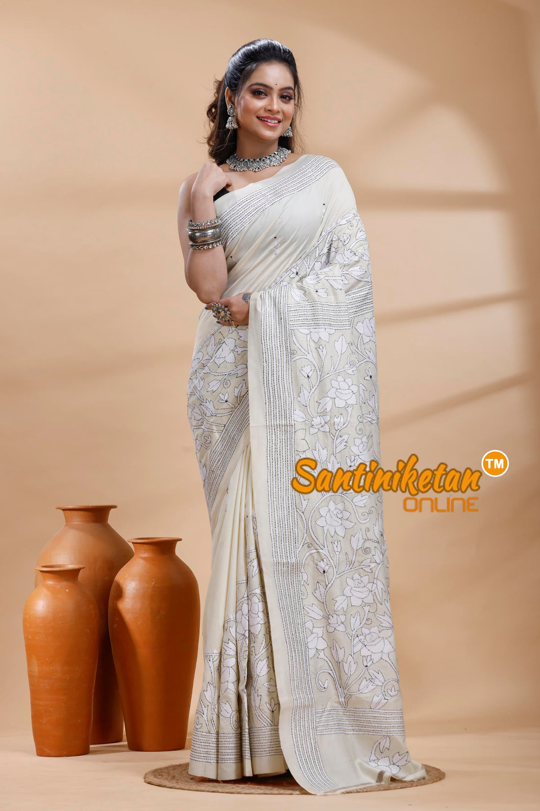 Tussar Silk Kantha Stitch Saree