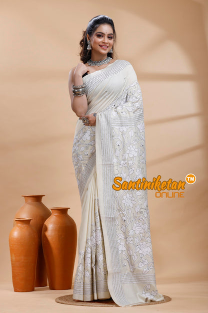 Tussar Silk Kantha Stitch Saree