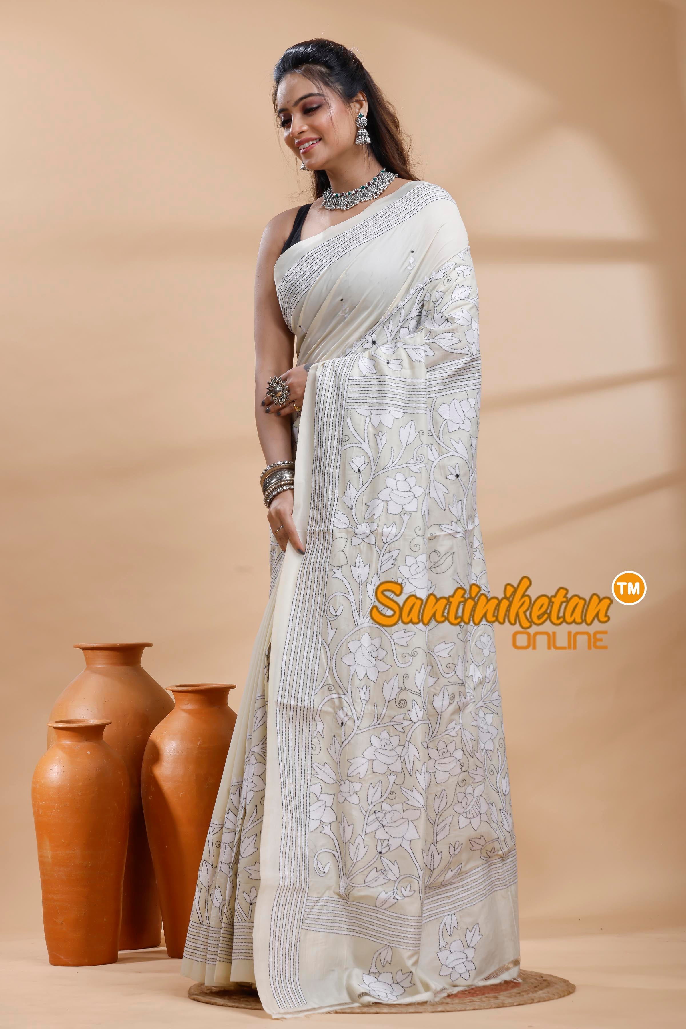 Tussar Silk Kantha Stitch Saree