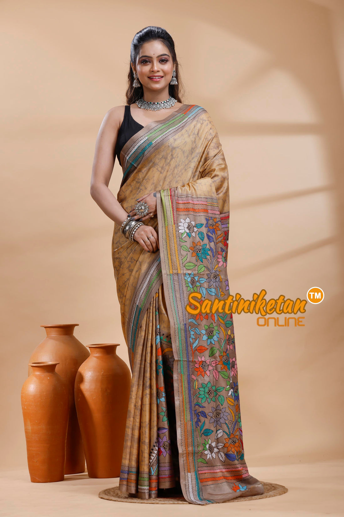 Bangalore Silk Batik Kantha Stitch Saree