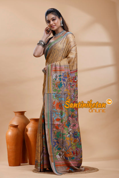 Bangalore Silk Batik Kantha Stitch Saree