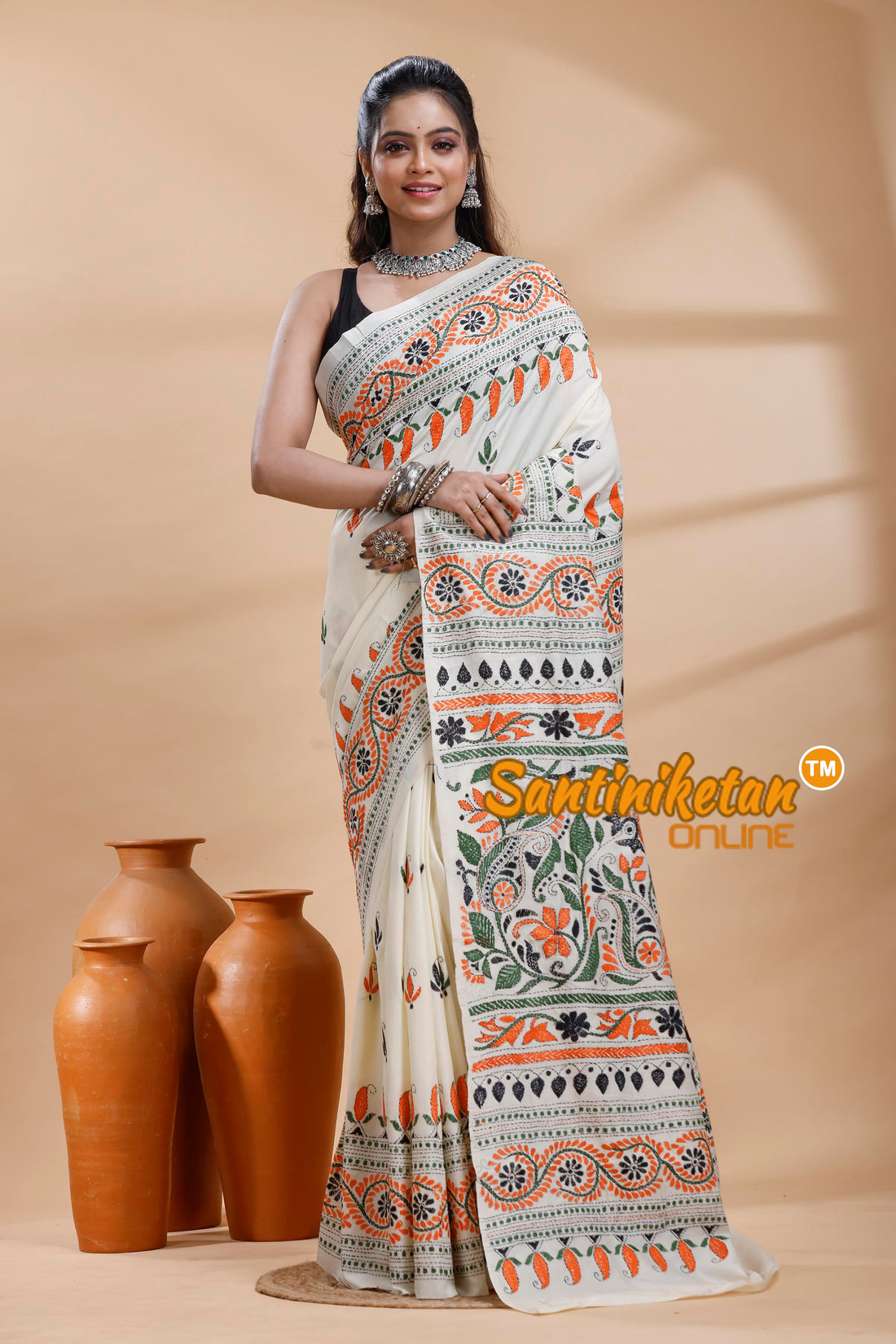 Tussar Silk Kantha Stitch Saree